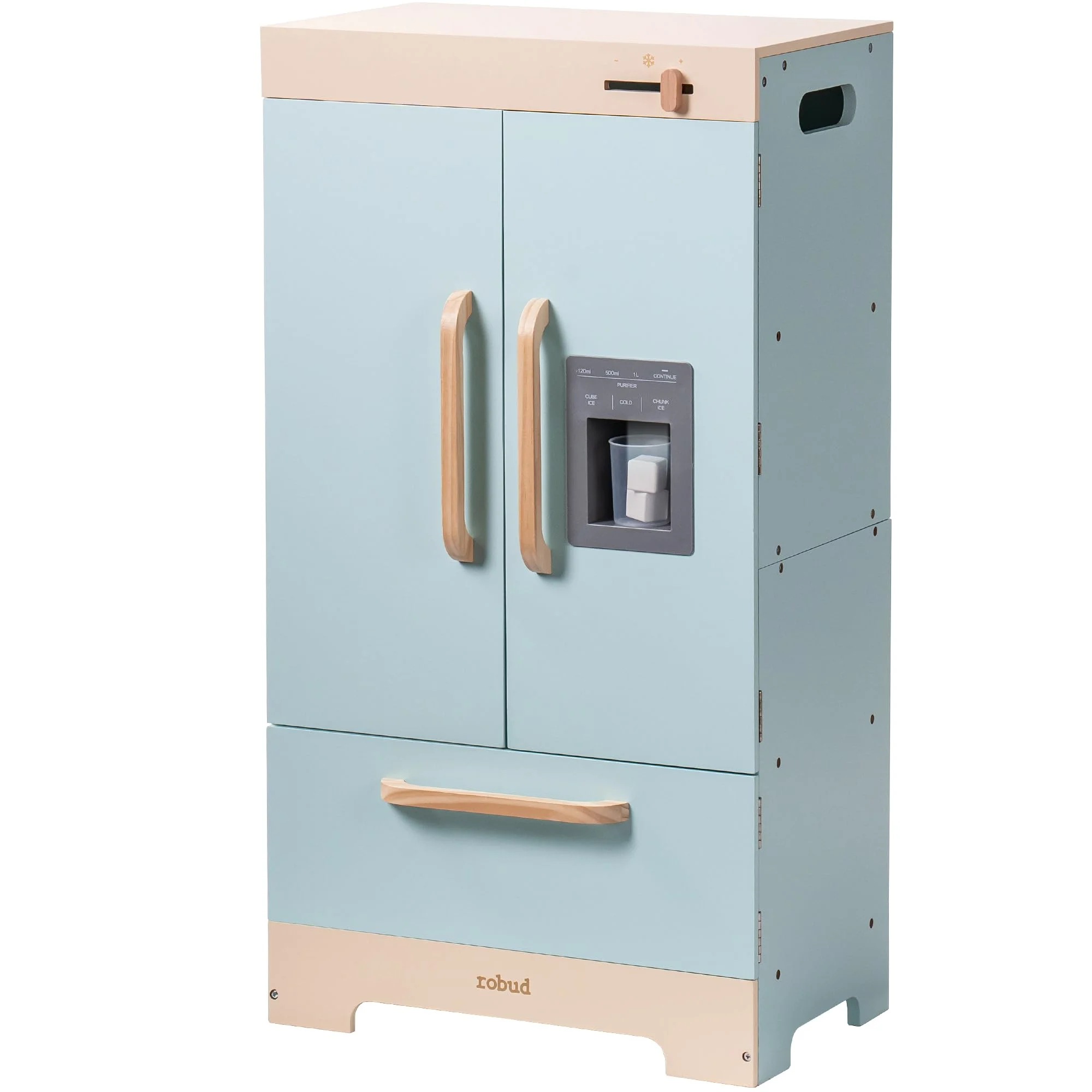 Robud Play Kitchen for Toddlers,Fridge Refrigerator with Ice Dispenser,Wooden Kids Play Kitchen Playset Toy,Gift for Ages 3+,Blue