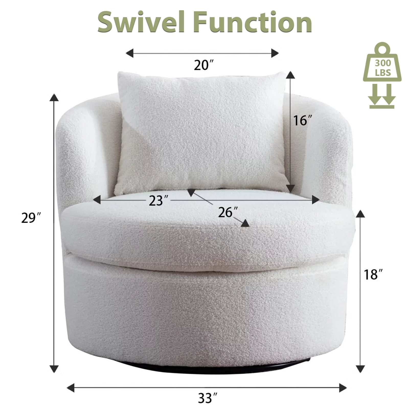 Ebello Swivel Accent Chair with Lamb Wool Fabric for Adult, Plump Pillow, Detachable Cushion, White