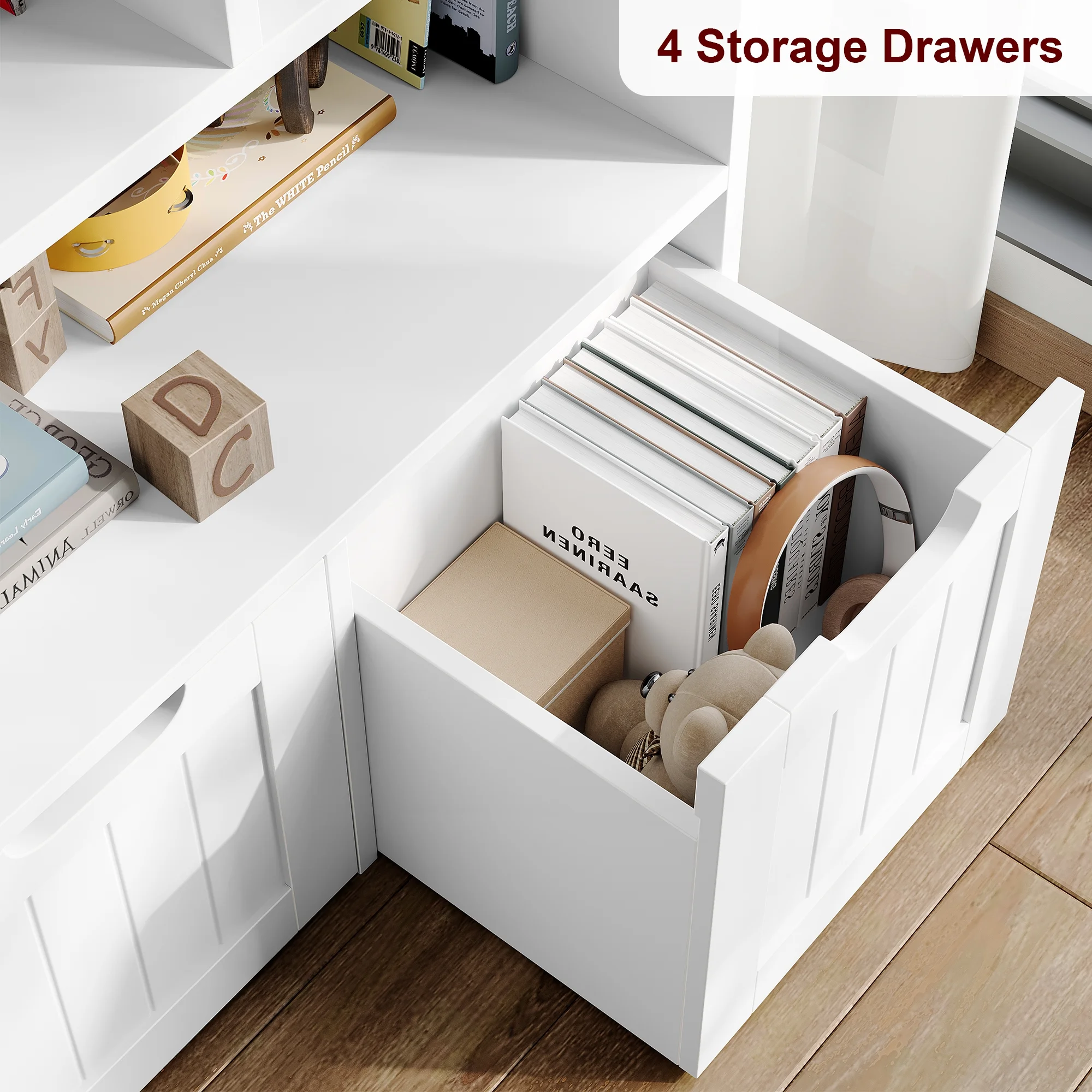 Homfa 7 Cube Toy Storage  Organizer, Kids Geometric Bookcase and Bookshelf with 4 Drawers, White