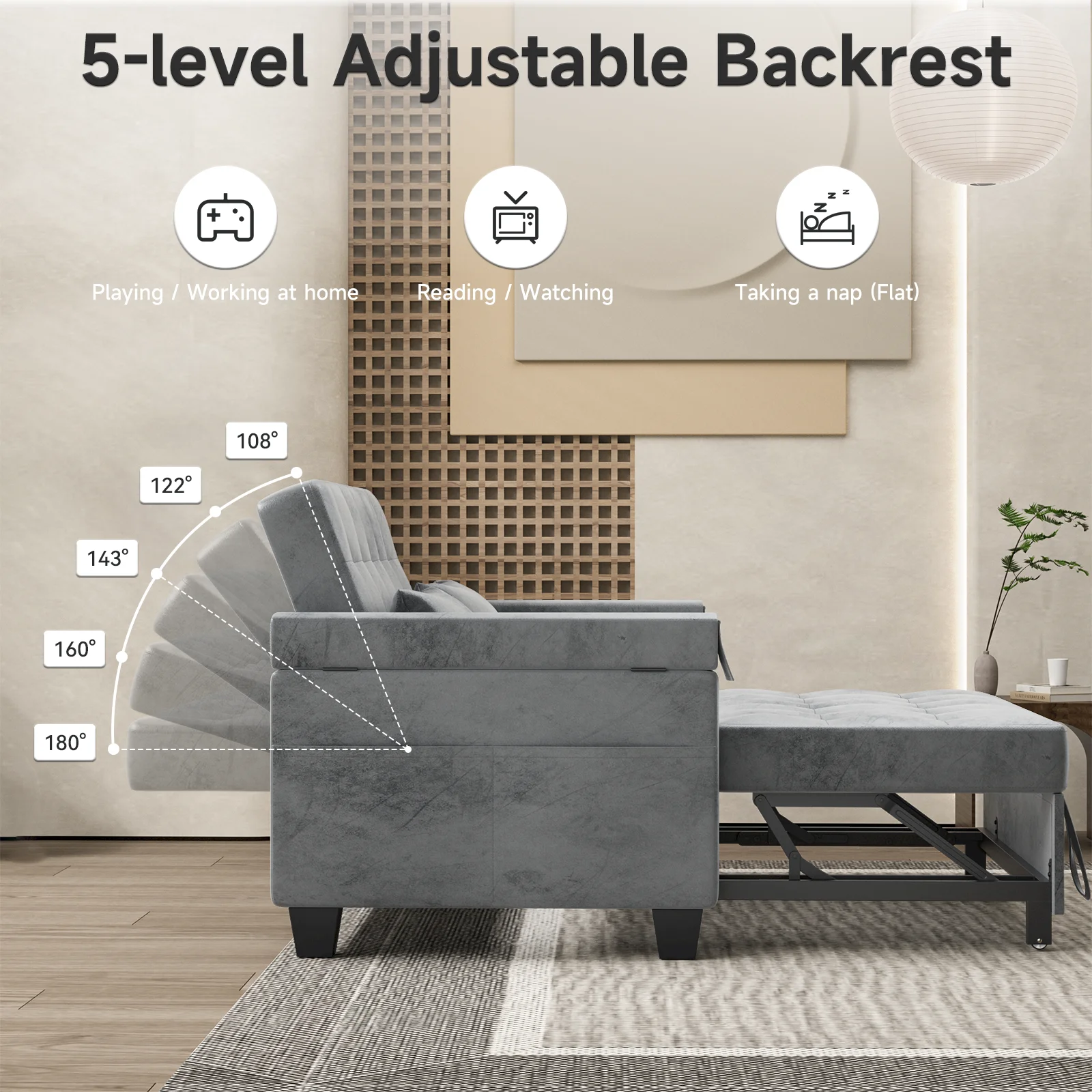 Belord 3-in-1 Convertible Pull Out Sleeper Sofa Bed with Storage Pockets and Side Table, Modern Velvet Loveseat Futon Couch with Adjsutable Backrest & 2 Pillows for Living Room, Bedroom, Grey