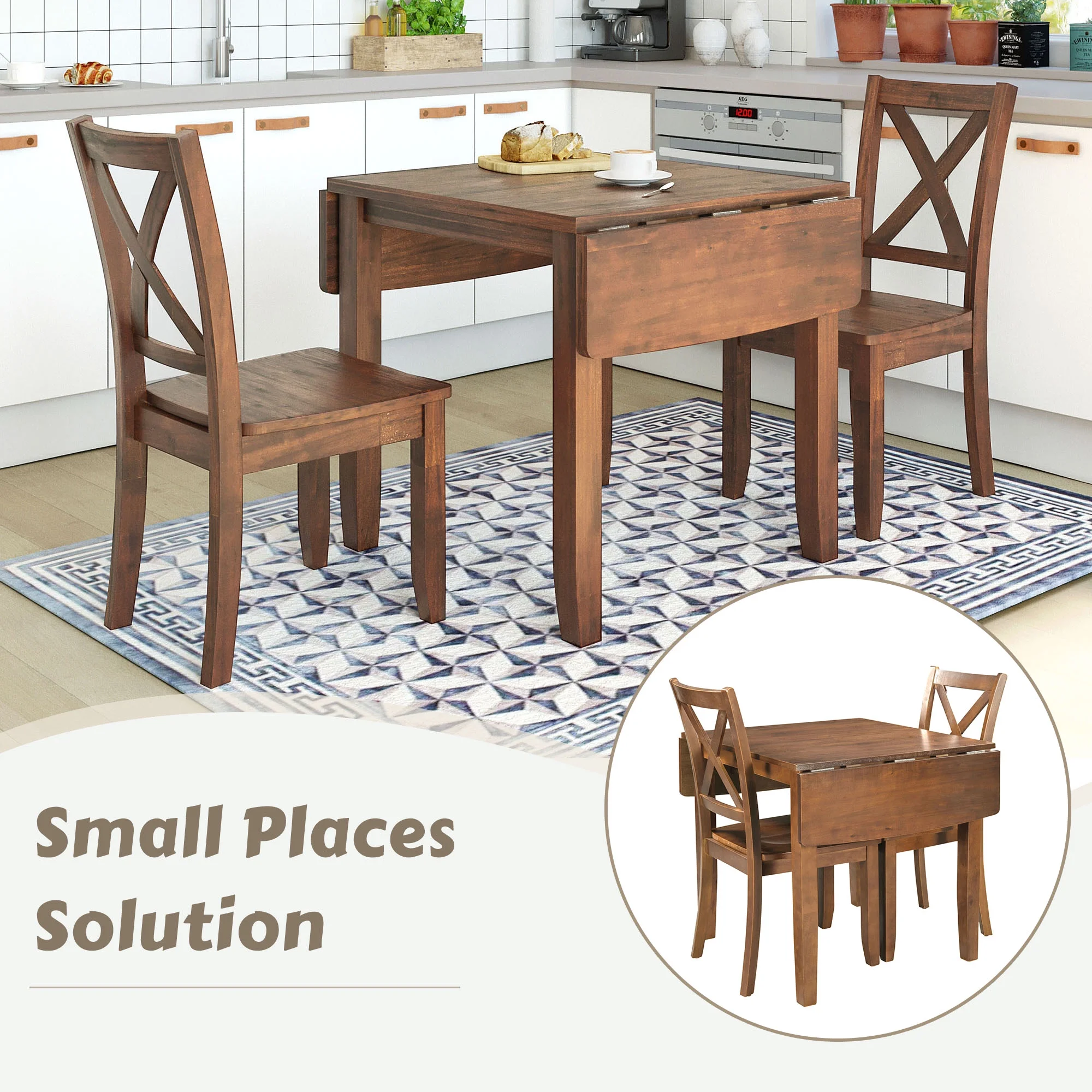PAPROOS 3 Piece Wood Dining Table Set with Drop Leaf and 2 X-back Chairs, Modern Dining Room Table and Chairs Set for Small Space, Brown