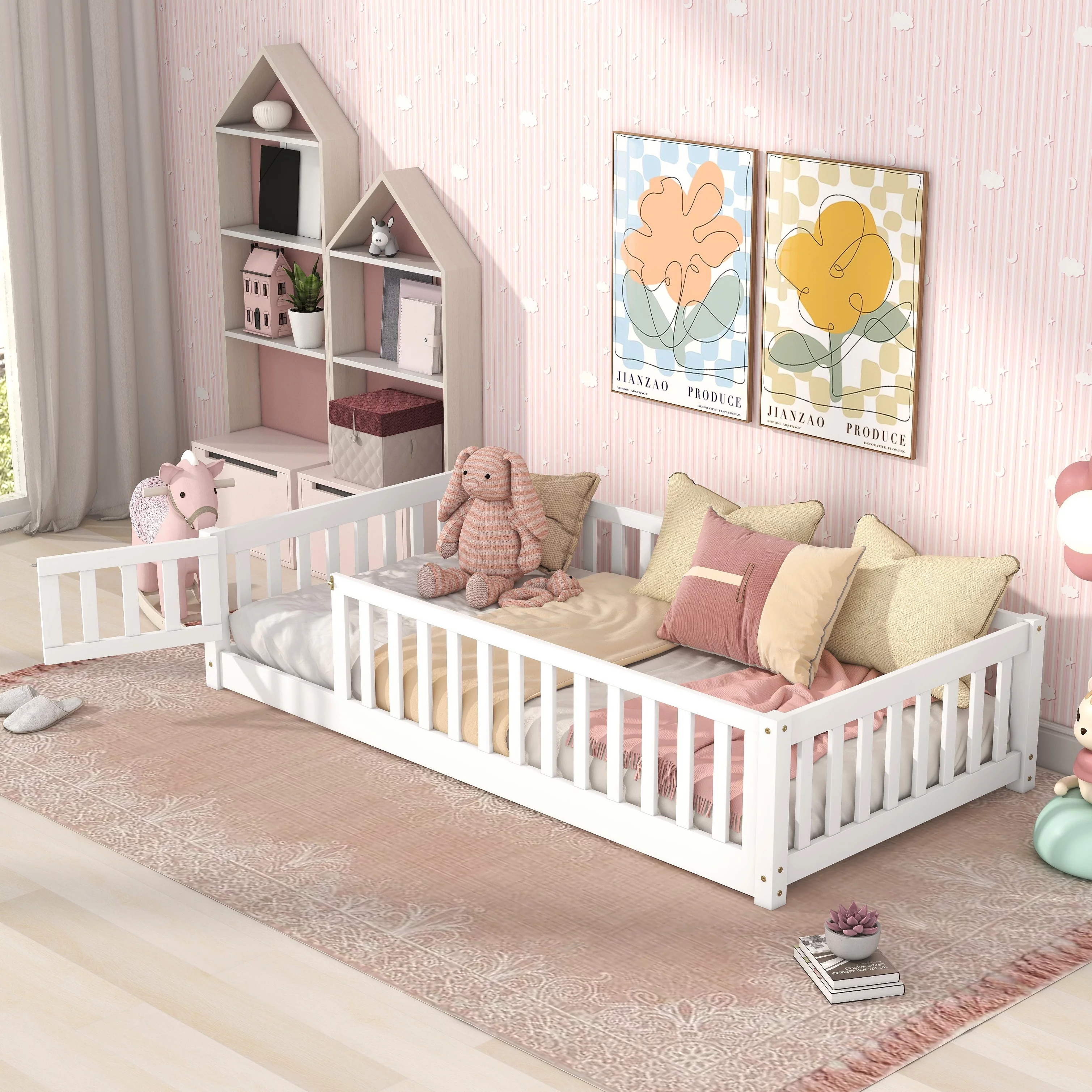 Bellemave Twin Size Floor Bed for Kids, Wood Toddler Floor Bed with Fence Railings & Support Slats, Montessori Floor Bed for Boys Girls,White