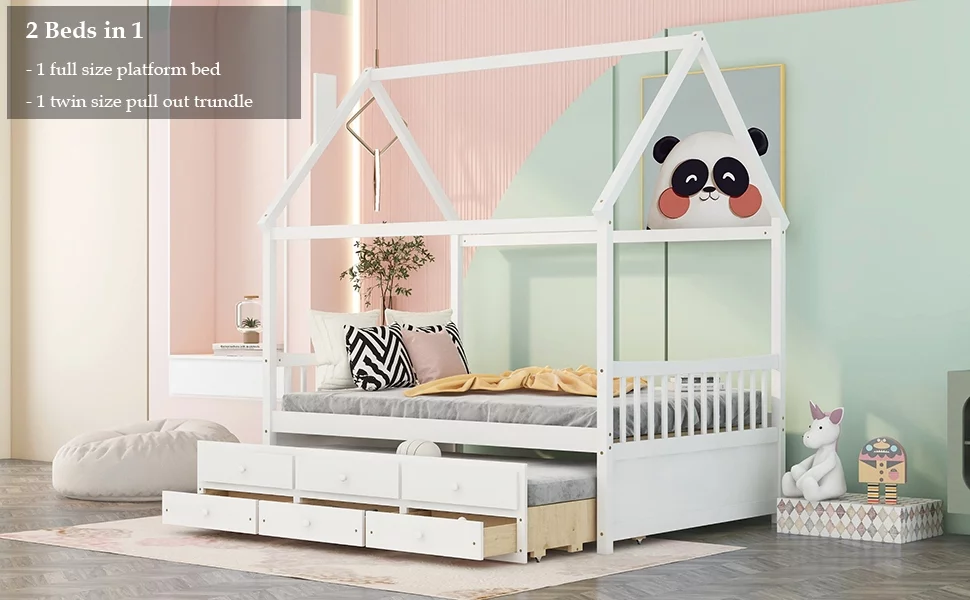 Bellemave Kids House Bed with Trundle and Drawers Full Size Platform Bed with Storage Playhouse Design Wooden Bed Frame With Roof and Headboard for Boys Girls Teens, White