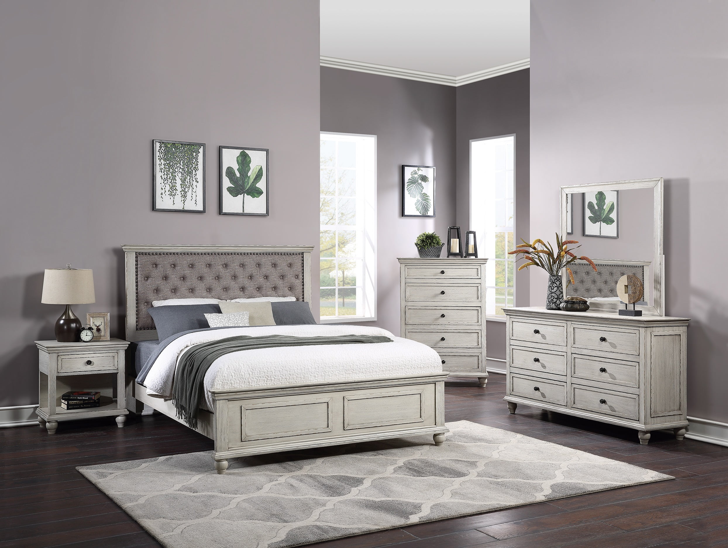 Transitional Bedroom White Finish 5pc Bedroom Set Eastern King Size Bed Dresser Mirror 2x Nightstands Furniture