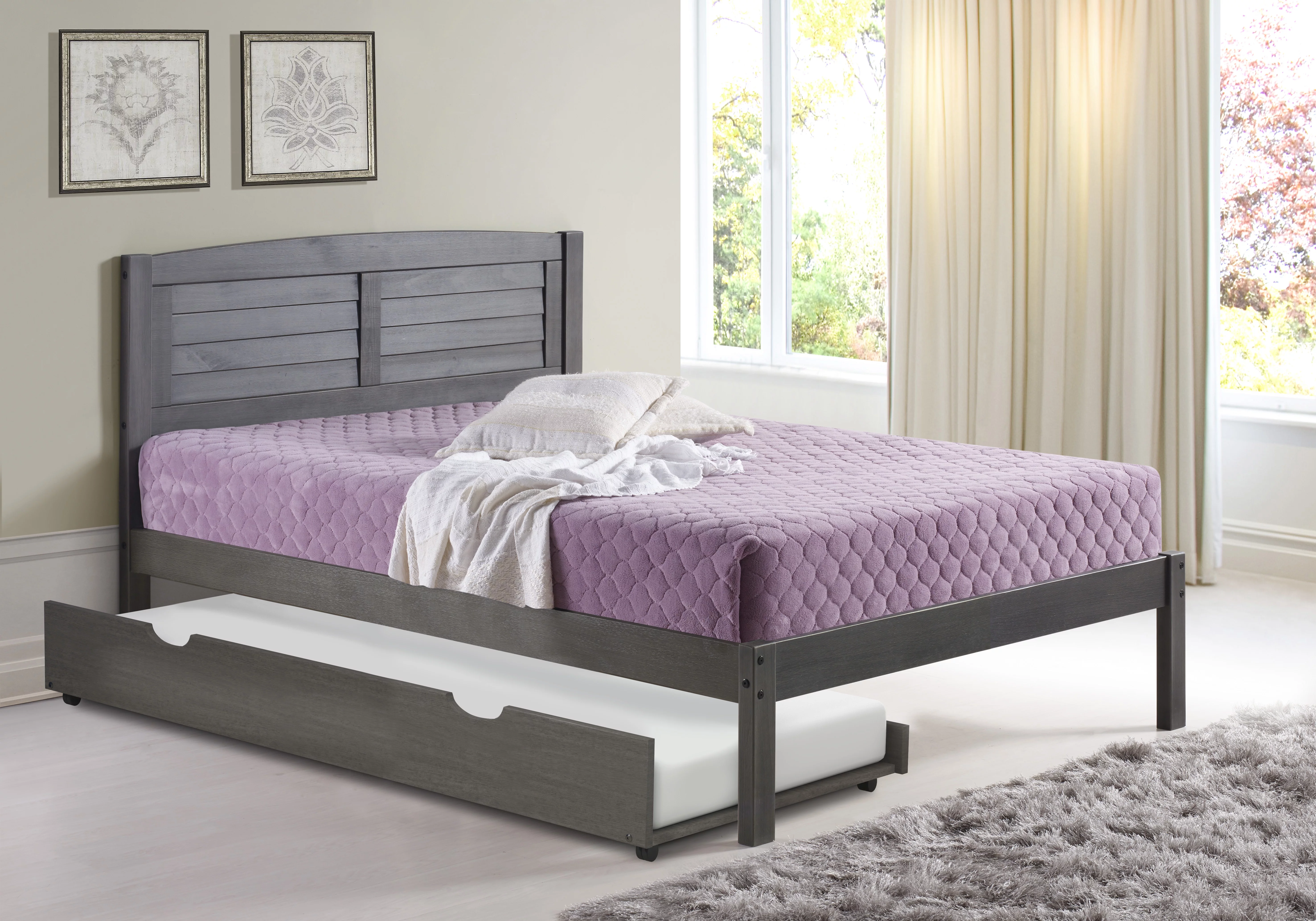 Donco Kids Louver Full Soild Wood Panel Bed with Trundle in Antique Gray