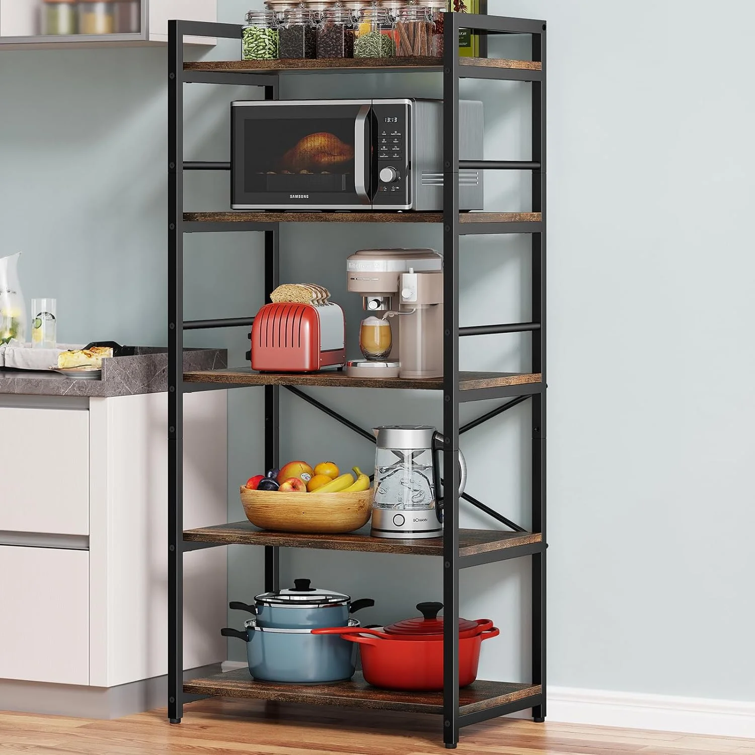 5-Tier for Kitchen with Storage, Industrial Microwave Stand Oven Shelf, Free Standing Kitchen Storage Shelf Rack (23.62 L x 15.75 W x 60.24 H, Black)