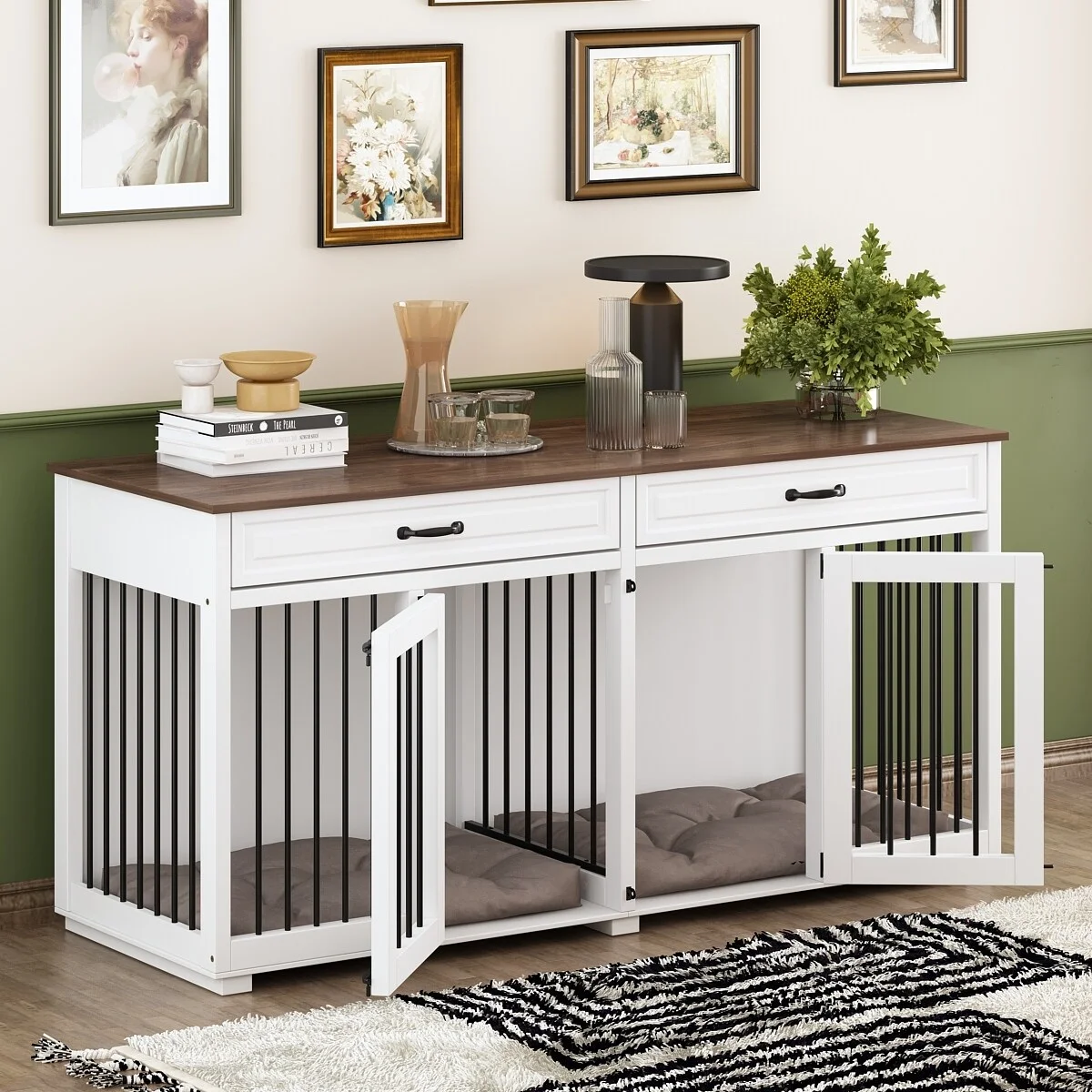 Wooden Double Dog Crate Kennel Furniture with 2 Drawers & Divider White