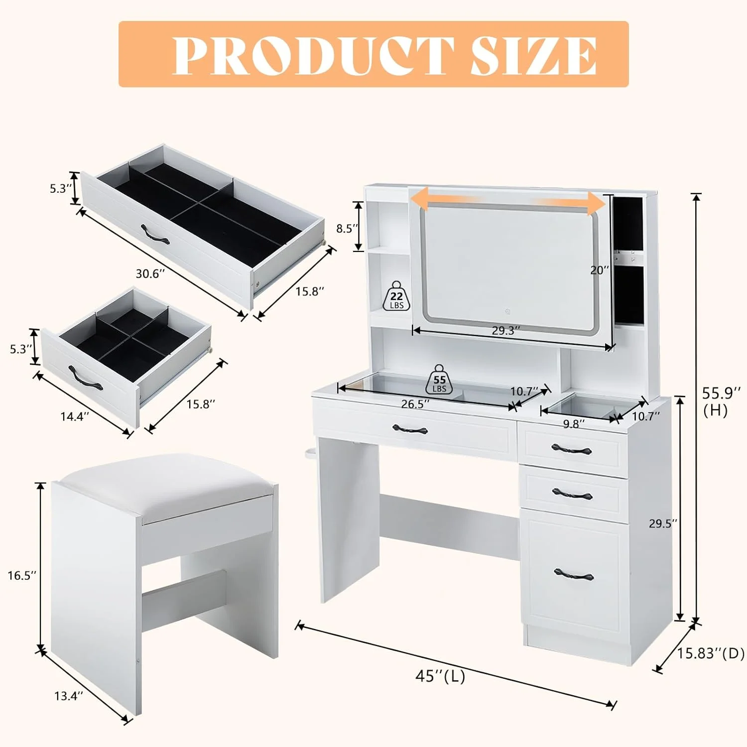 AMERLIFE Makeup Vanity Table Set with Sliding & LED Lighted Mirror, 45