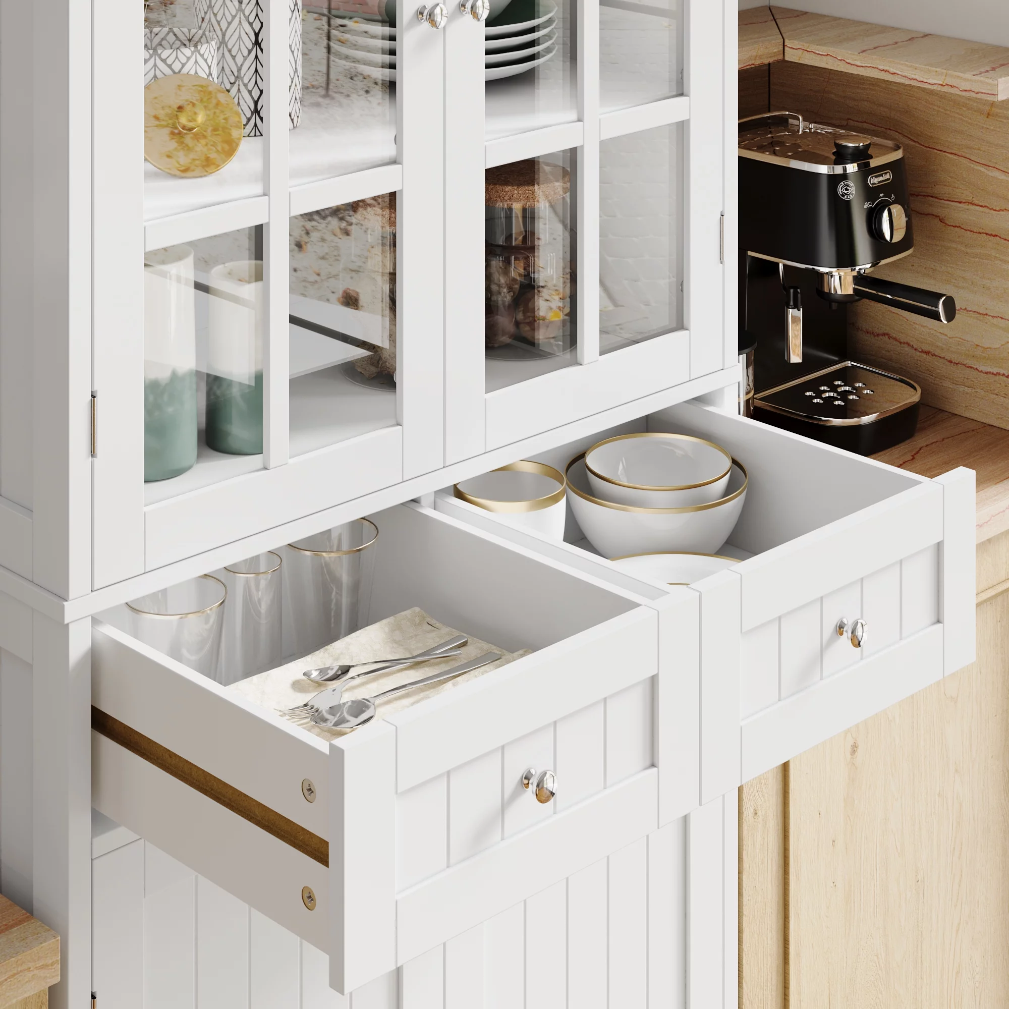 Homfa kitchen Pantry Cabinet with Glass Doors, 71'' Tall Storage Cabinet for Dining Room Living Room, White