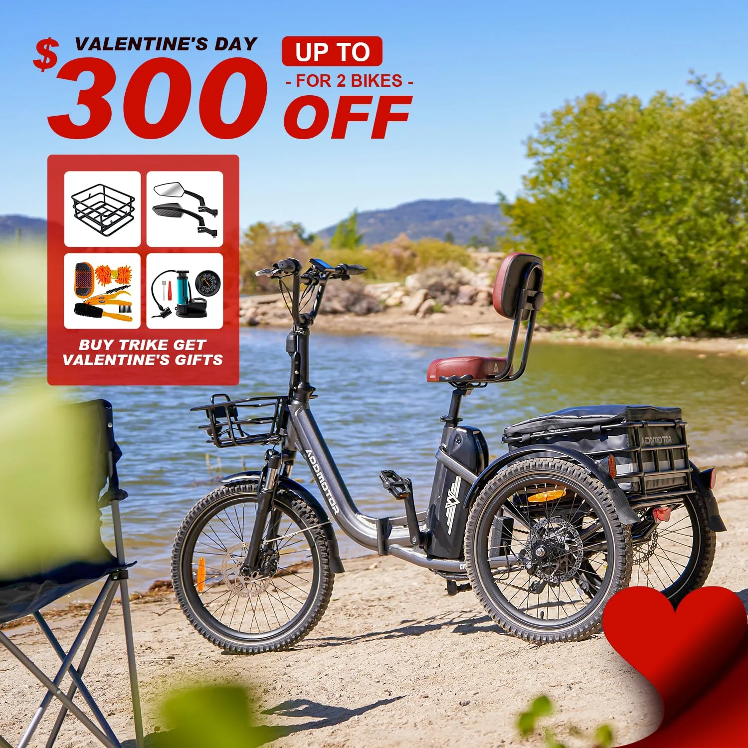 Addmotor Folding Electric Trike, 90MI Electric Tricycle for Adults, 750W 48V 20Ah, CITYTRI 3 Wheel Electric Bikes, Step-Thru Etrike with Rear Speed Differential & Parking Brake, E-310 Plus Red