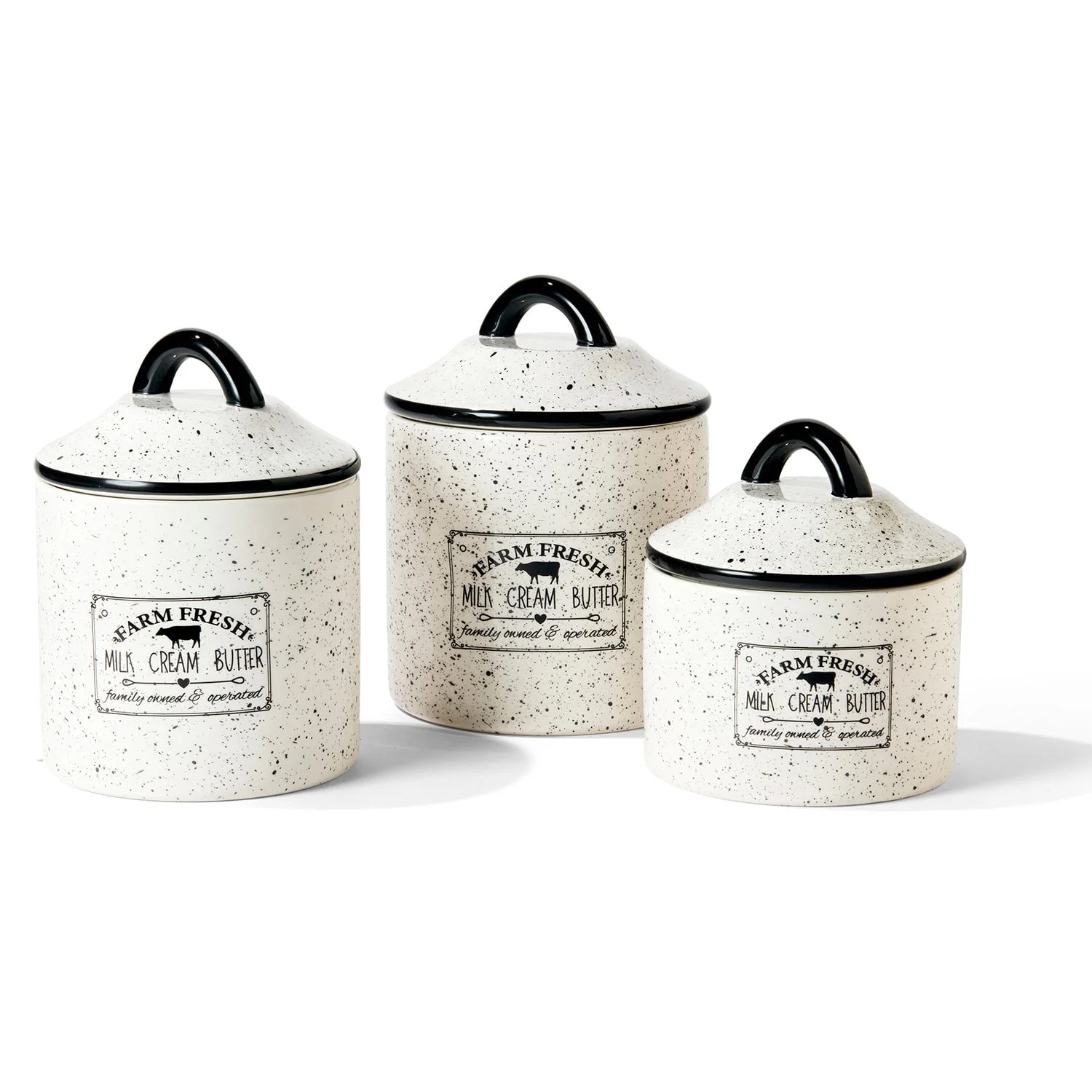 American Atelier, Round, White Ceramic Kitchen Canisters with Lids (Farm Fresh), Set of 3