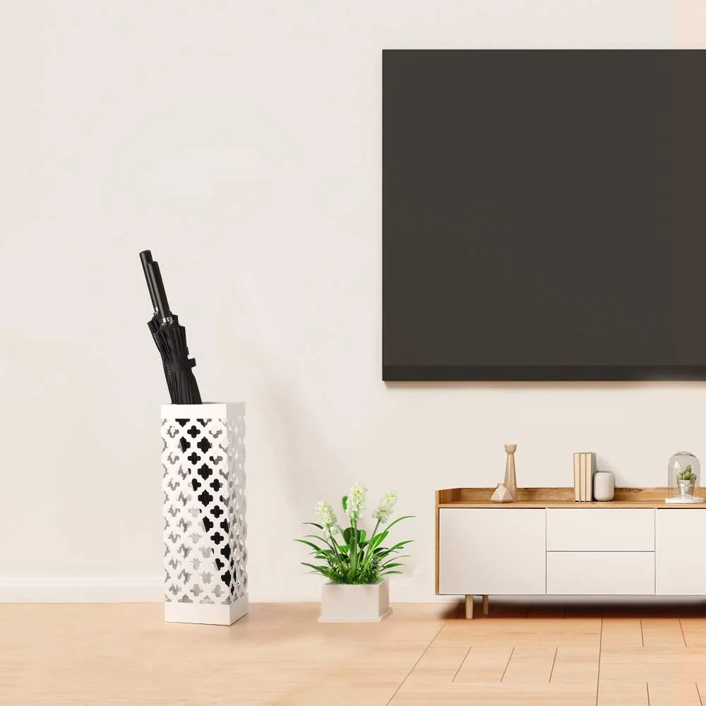 NEX Indoor Umbrella Stand Rack Metal Umbrella Holder with Tray and Hook, Square, White (NX-DB030-9)