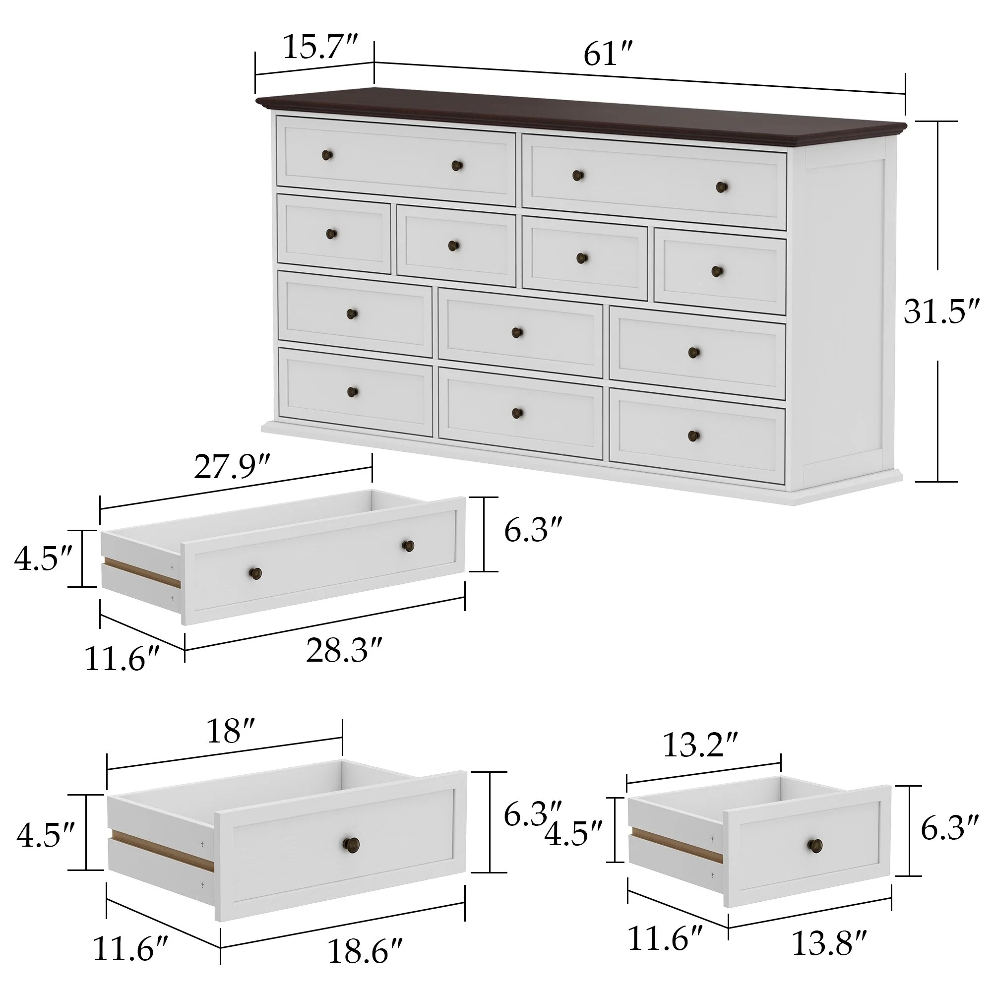 Versatile 12-Drawer Solid Wood Dresser - Brown & White Chest Of Drawer