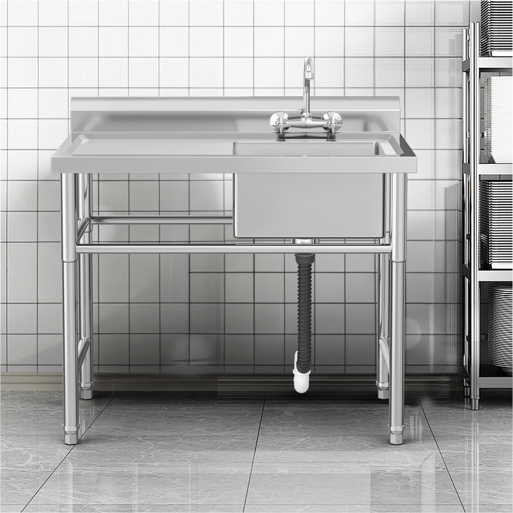 Dextrus Stainless Steel Kitchen Sink with Drainboard Freestanding Commercial Sink for Restaurant, Laundry, Garage, Workshop Sink