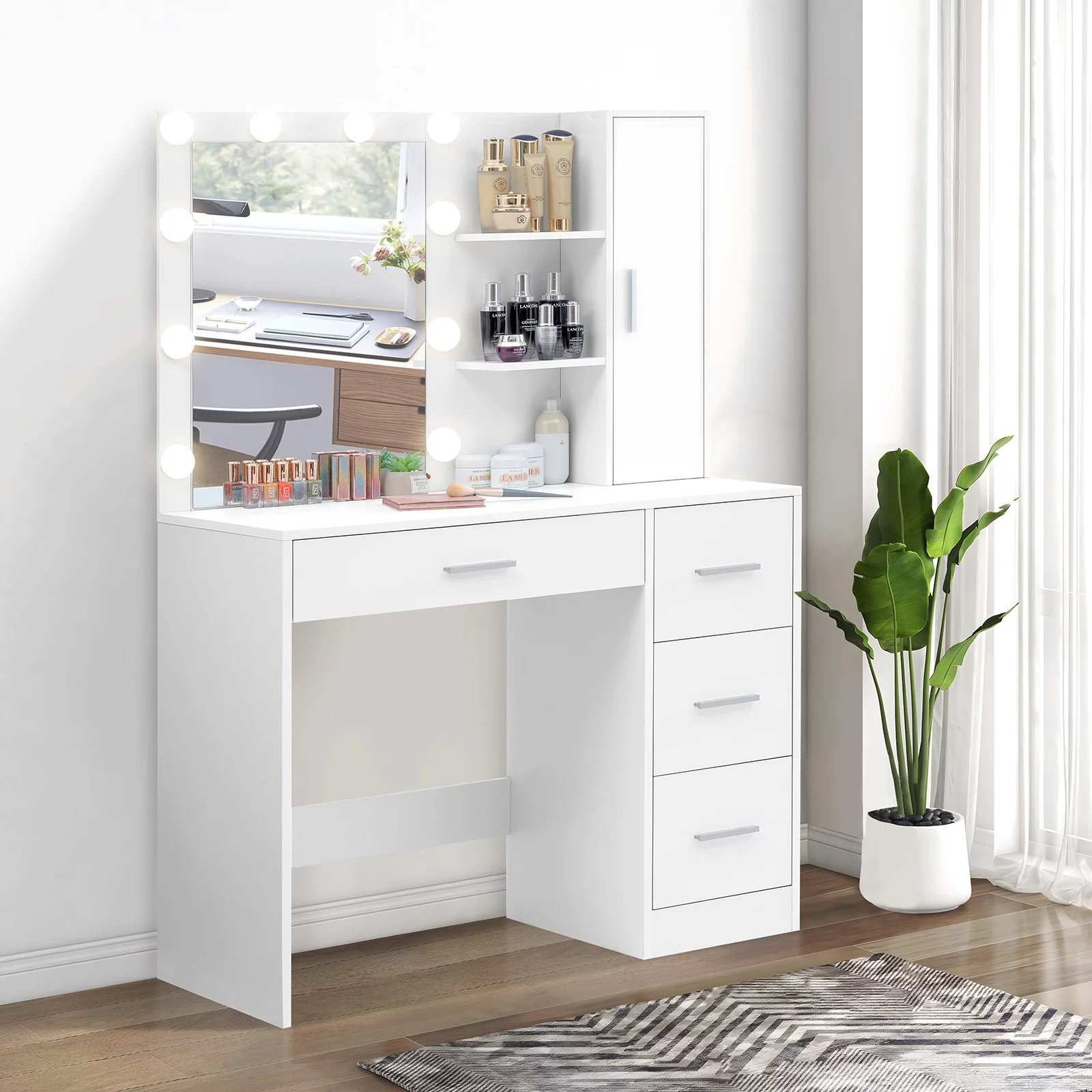 USIKEY Makeup Vanity with Lighted Mirror, Vanity Desk with 4 Drawers and Open Shelves for Bedroom,White YSZT036WD