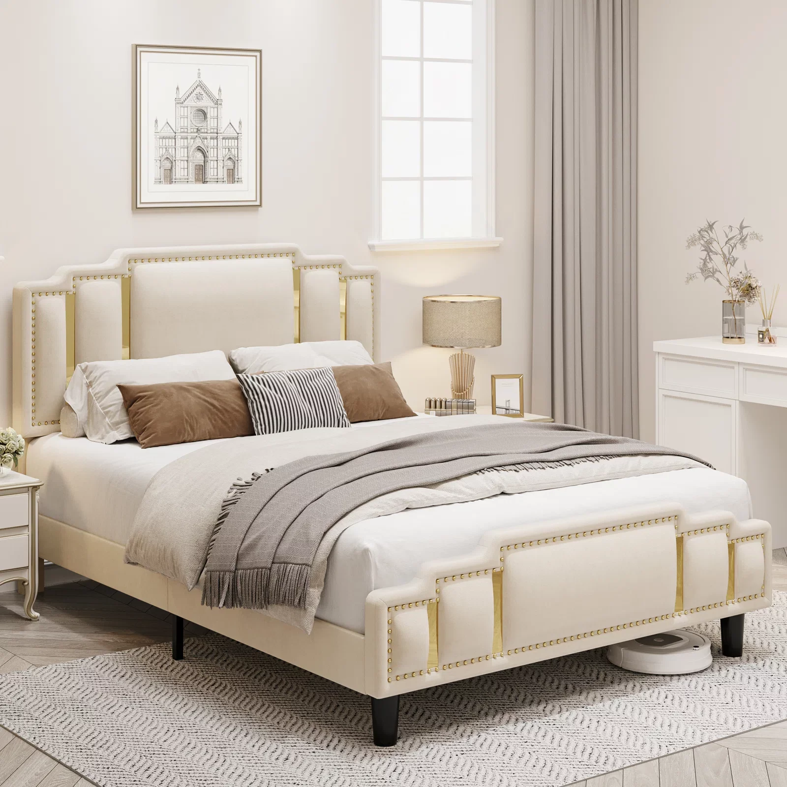 Homfa Full Bed Frame, Luxury Velvet Upholstered Headboard with Golden Iron Sheet & Rivets, Platform Bed with Adjustable Headboard, White