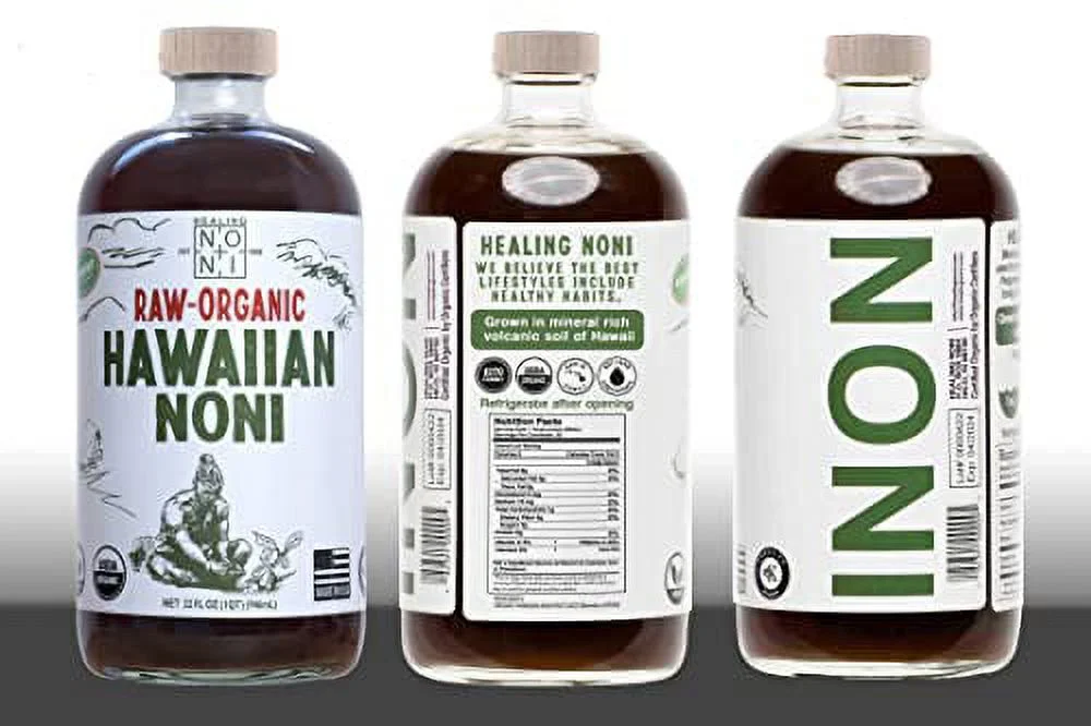 Healing Noni - Raw Organic Hawaiian Noni Juice - 4 Pack of 32oz Glass Bottles