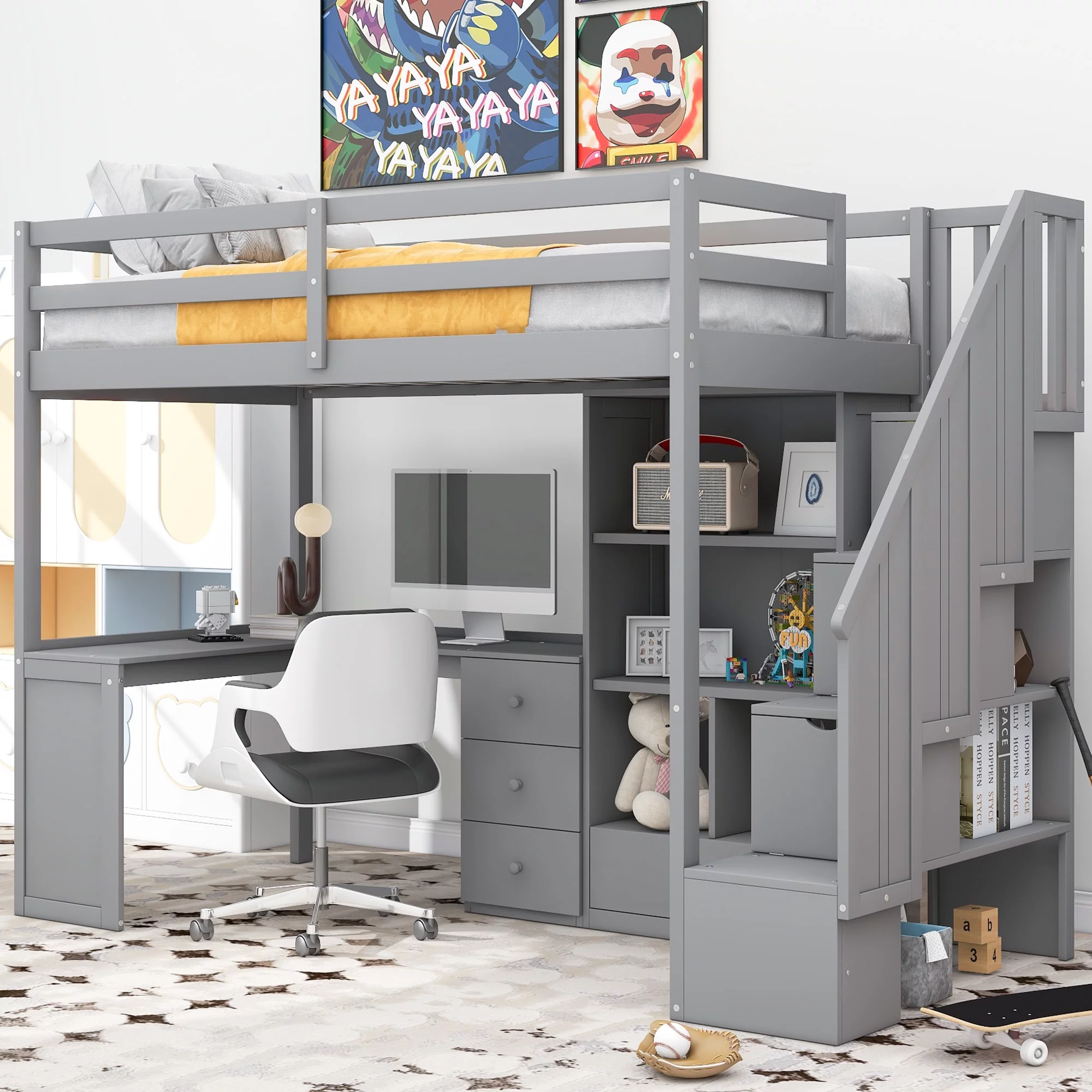 Bellemave Loft Bed with Desk and Stairs, Wood Twin Size Loft Beds Frame with 4 Sotage Drawers and 4 Shelves, High Loft Beds for Kids Teens (Gray)