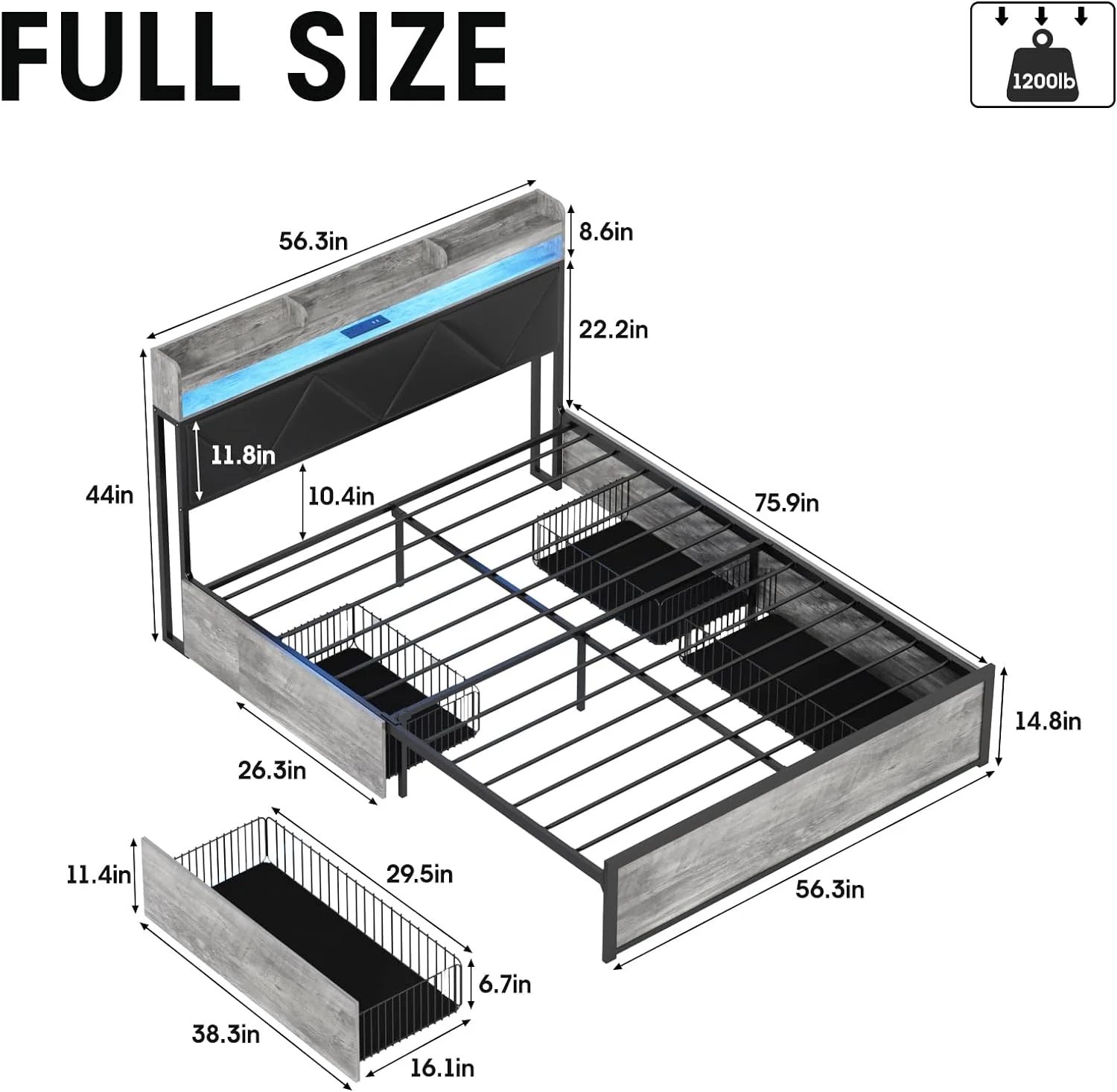 YZboomLife Full Size Led Bed Frame with Charging Station and 4  Drawers  Metal Platform Bed  Upholstered Headboard with 3 Shelves  No Box Spring Needed  Easy Assembly  Gray