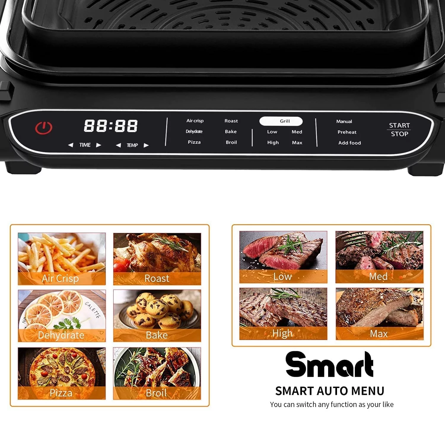 Smart Air Fryer Indoor Grill Combo, 7-in-1 Electric Grills Smokeless & Oilless Cooker, Roast, & Bake Temp & Time Control Grills, with Removable Non-stick Grill Plate