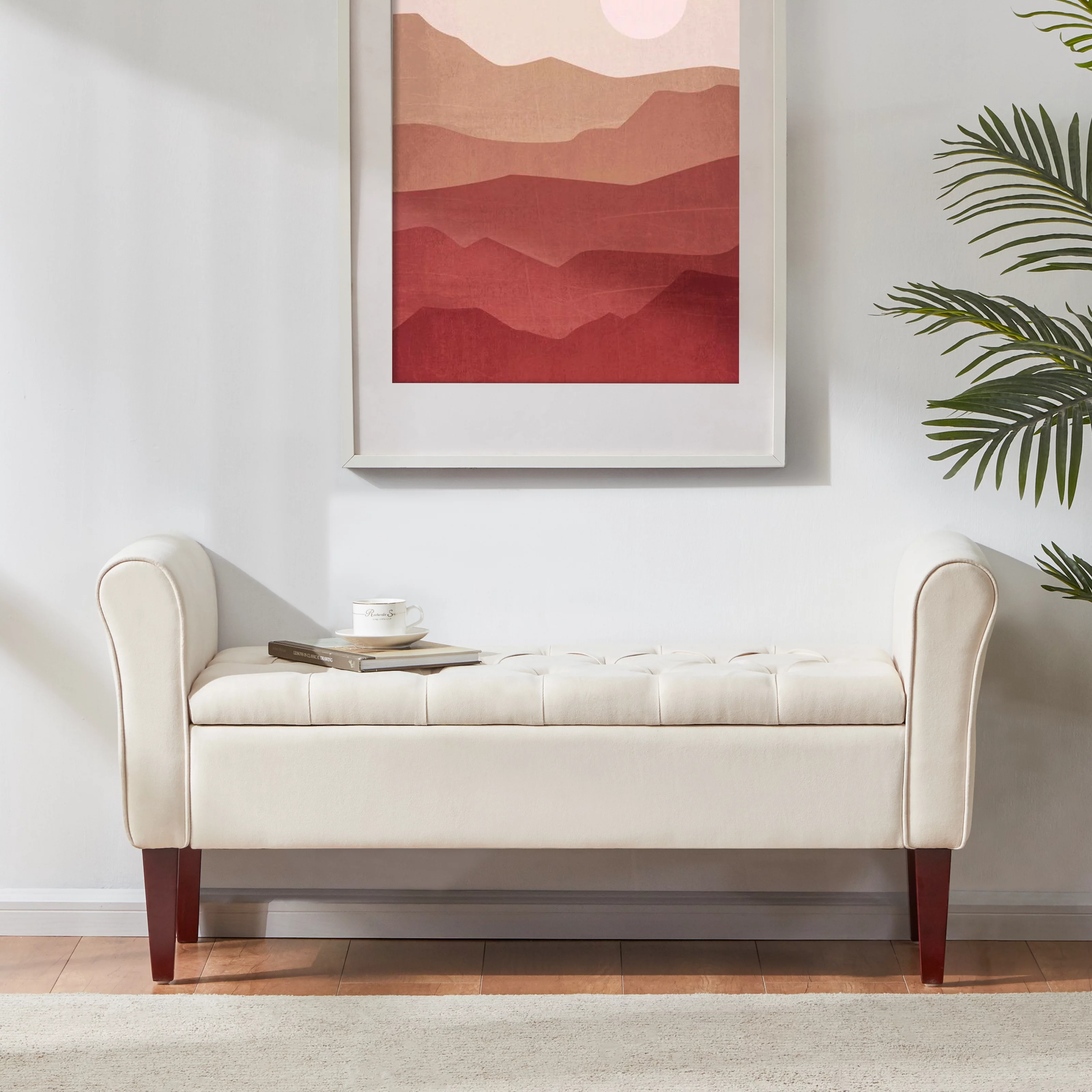 HUIMO Arm Storage Ottoman, Upholstered Window Sitting Bench for Bedroom,End of Bed Bench Indoor, Livingroom, Entryway (Beige)