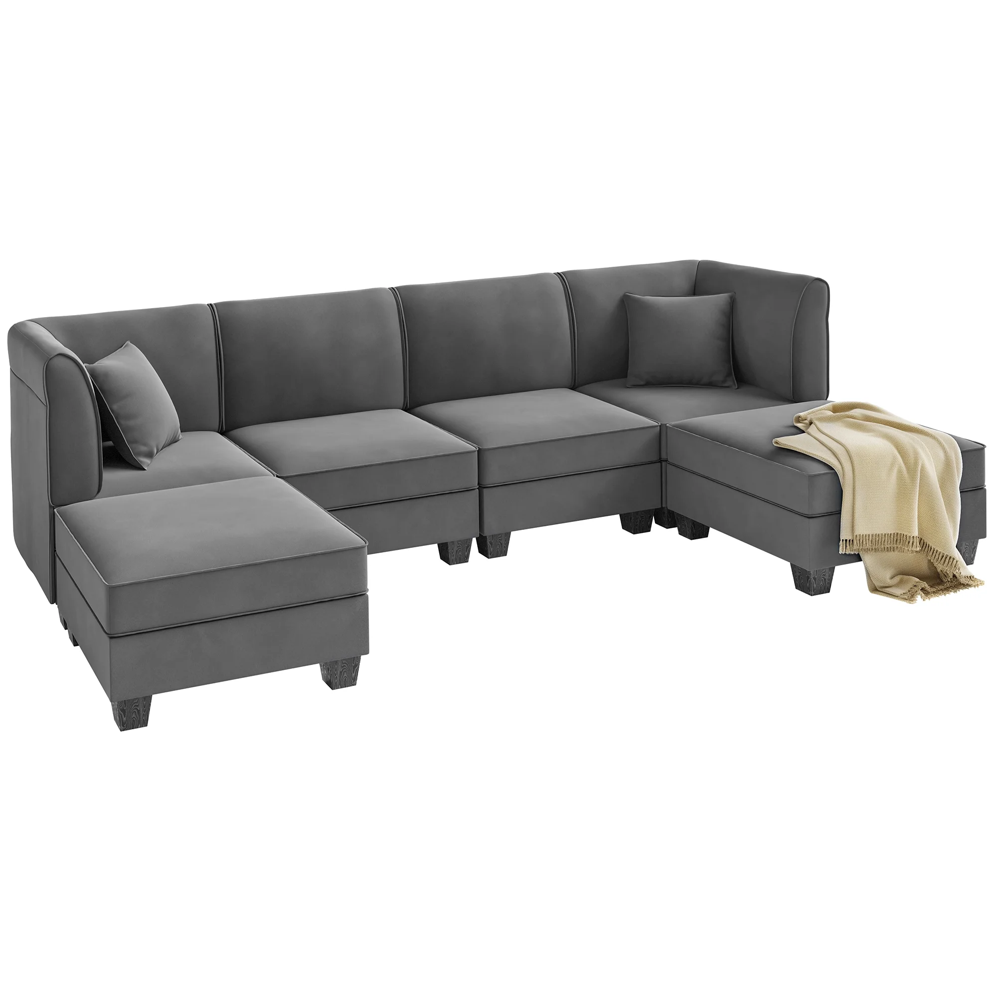 Walsunny Modular Sectional Sofa with Reversible Chaise, U-Shape Convertible Sectional Walsunny Couch with 6 Seats, Velvet Modern Sleeper with Ottomans
