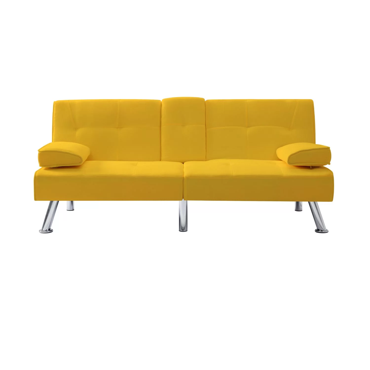 BSHTI 66.9 inch Futon Velvet Sleeper Sofa Bed and Drop Down Middle Back with 2 Cup Holders(Yellow)