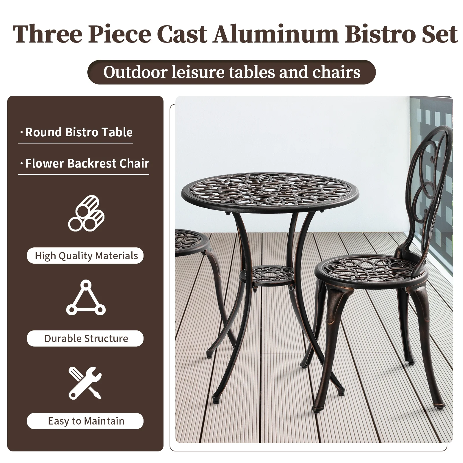 PATIO-IN 3 Piece Outdoor Bistro Set Cast Aluminum Patio Table and Chairs Set of 2 with Umbrella Hole,Metal Patio Furniture Set for Garden,Bronze