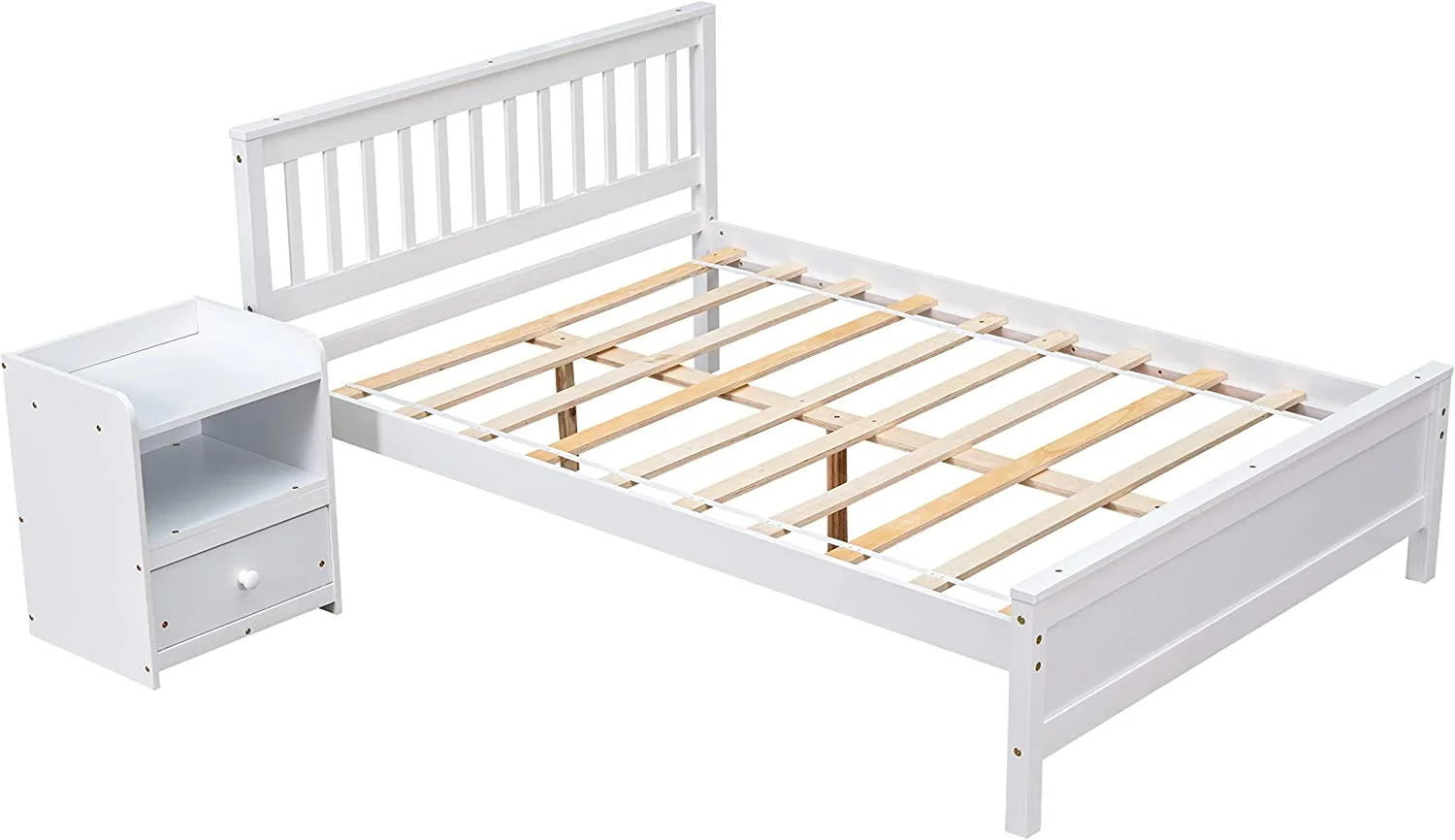 Full Bed Frame with Nightstand Full Size Bed Frame for Kids, Teens, Adults with Slats, Headboard & Footboard, Wood Full Size Platform Bed for Bedroom Small Living Space, No Box Spring Needed-White