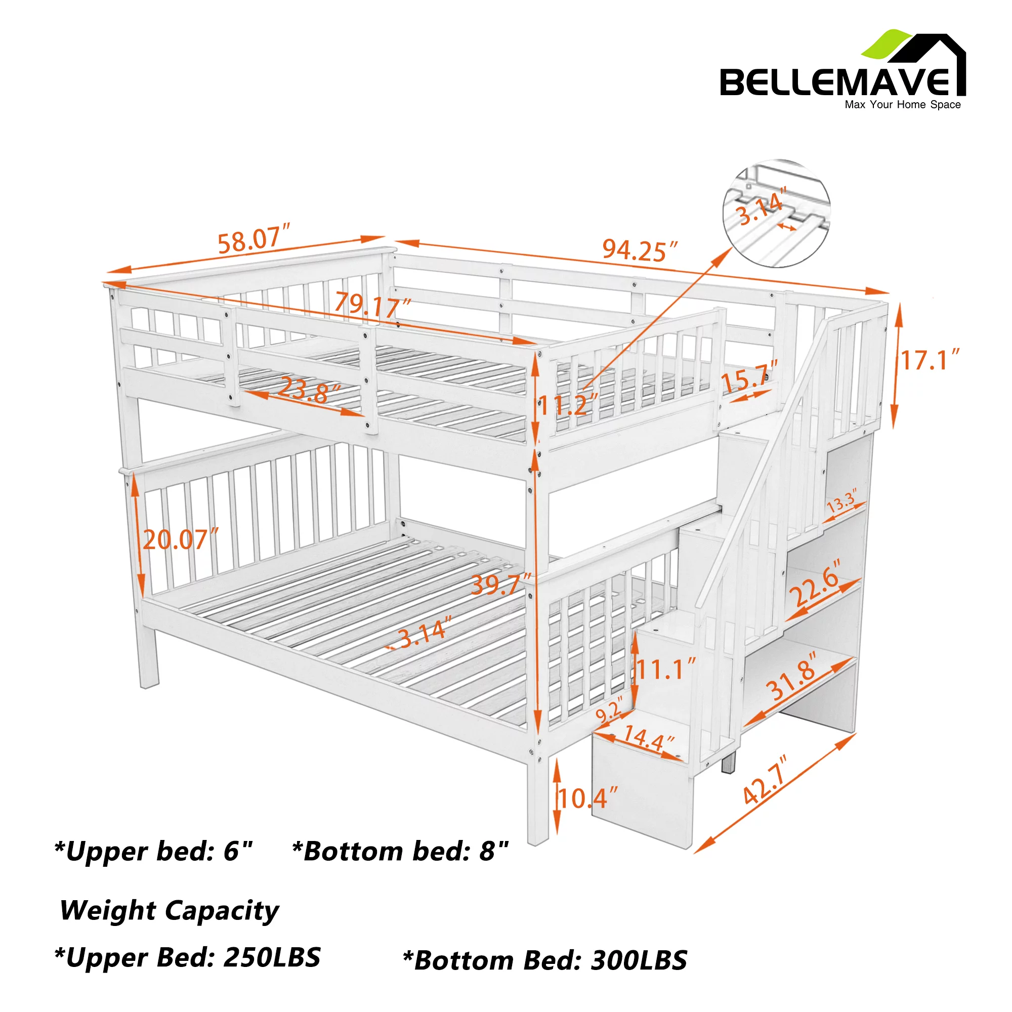 BELLEMAVE Full over Full Bunk Beds for Kids, Kids Bunk Beds with Storage Stairs and Full-Length Guardrail, Convertible Into 2 Bed, No Box Spring Needed(White)