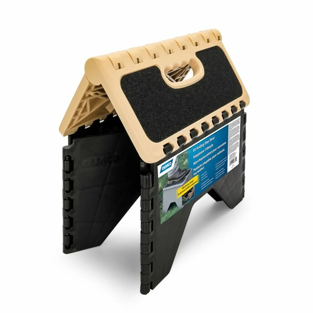 Camco Folding Step Stool | Supports up to 300lbs | Impact resistant Resin, Black and Tan (43638)