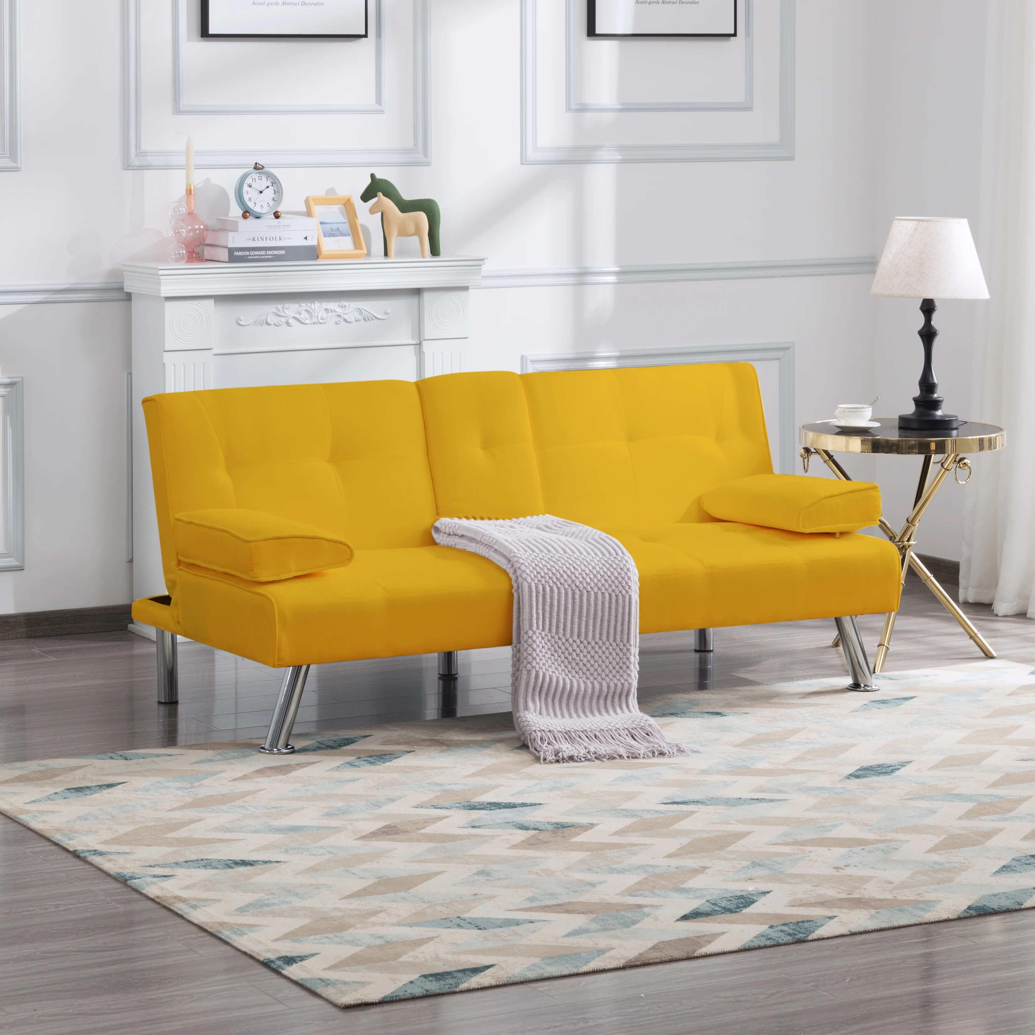 BSHTI 66.9 inch Futon Velvet Sleeper Sofa Bed and Drop Down Middle Back with 2 Cup Holders(Yellow)