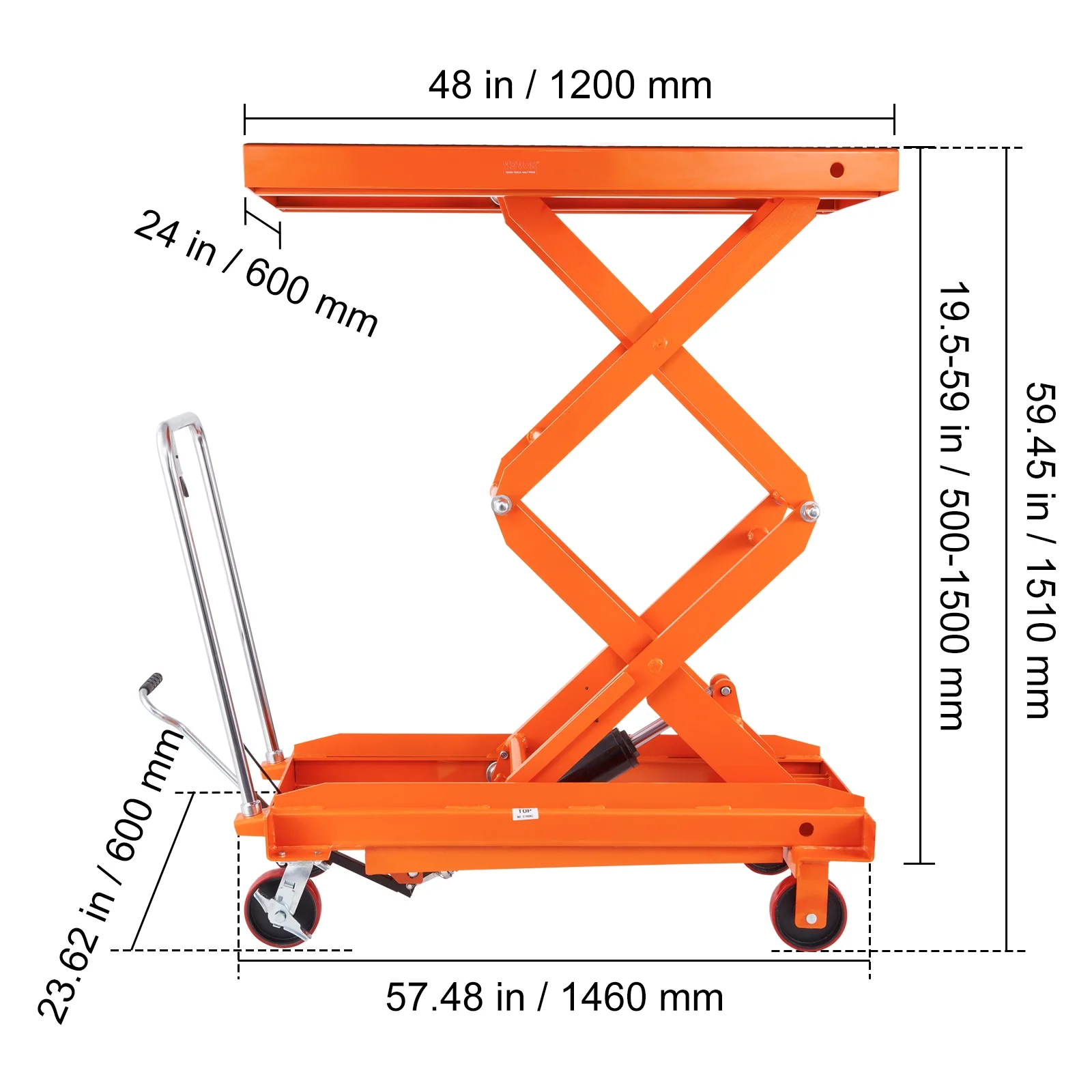 BENTISM Hydraulic Lift Table Cart 1760 lbs Manual Double Scissor Lift Table 59