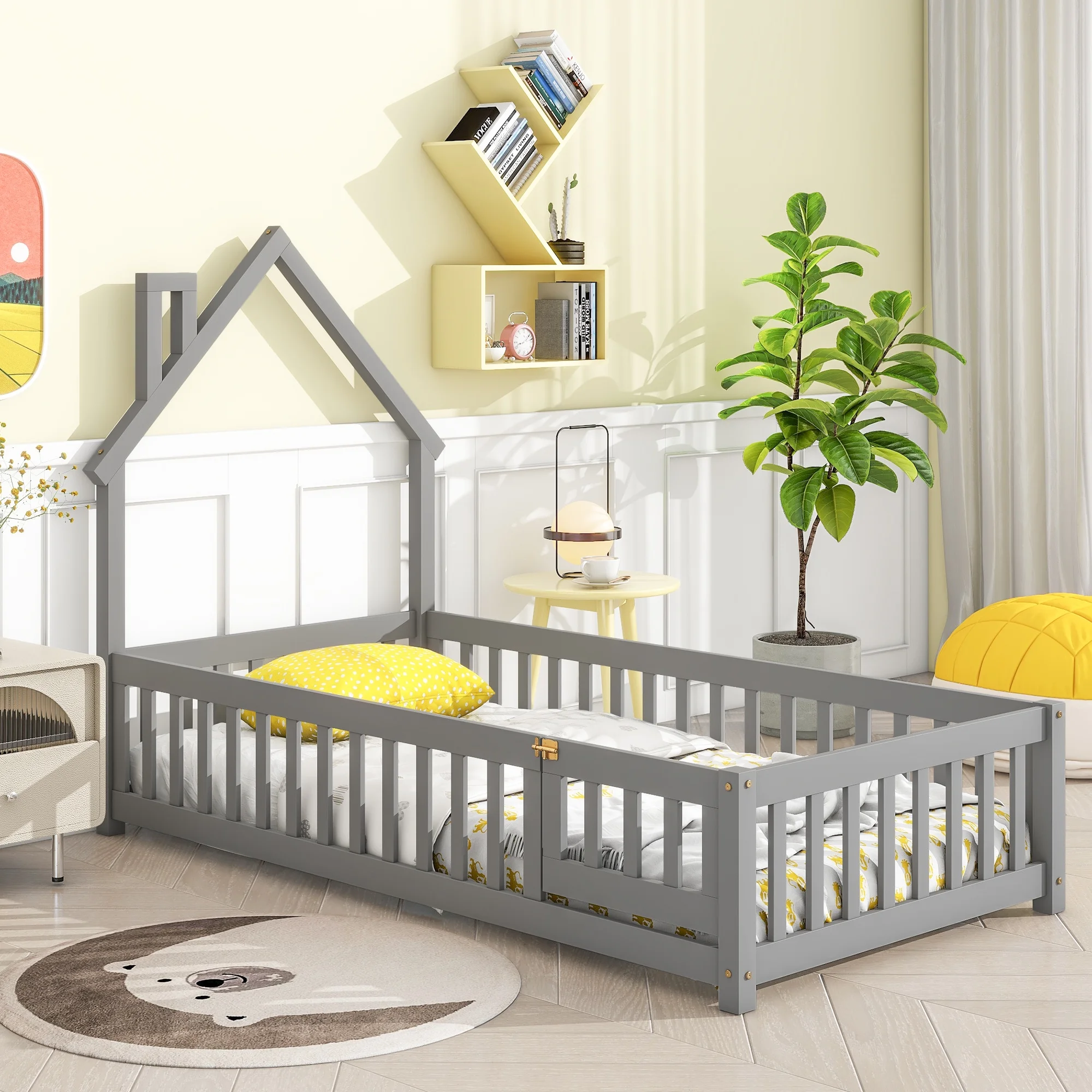 PORKISS Twin Size House Platform Bed for Kids with House-Shaped Headboard, Low Floor Bed with Guardrails Fence, Gray