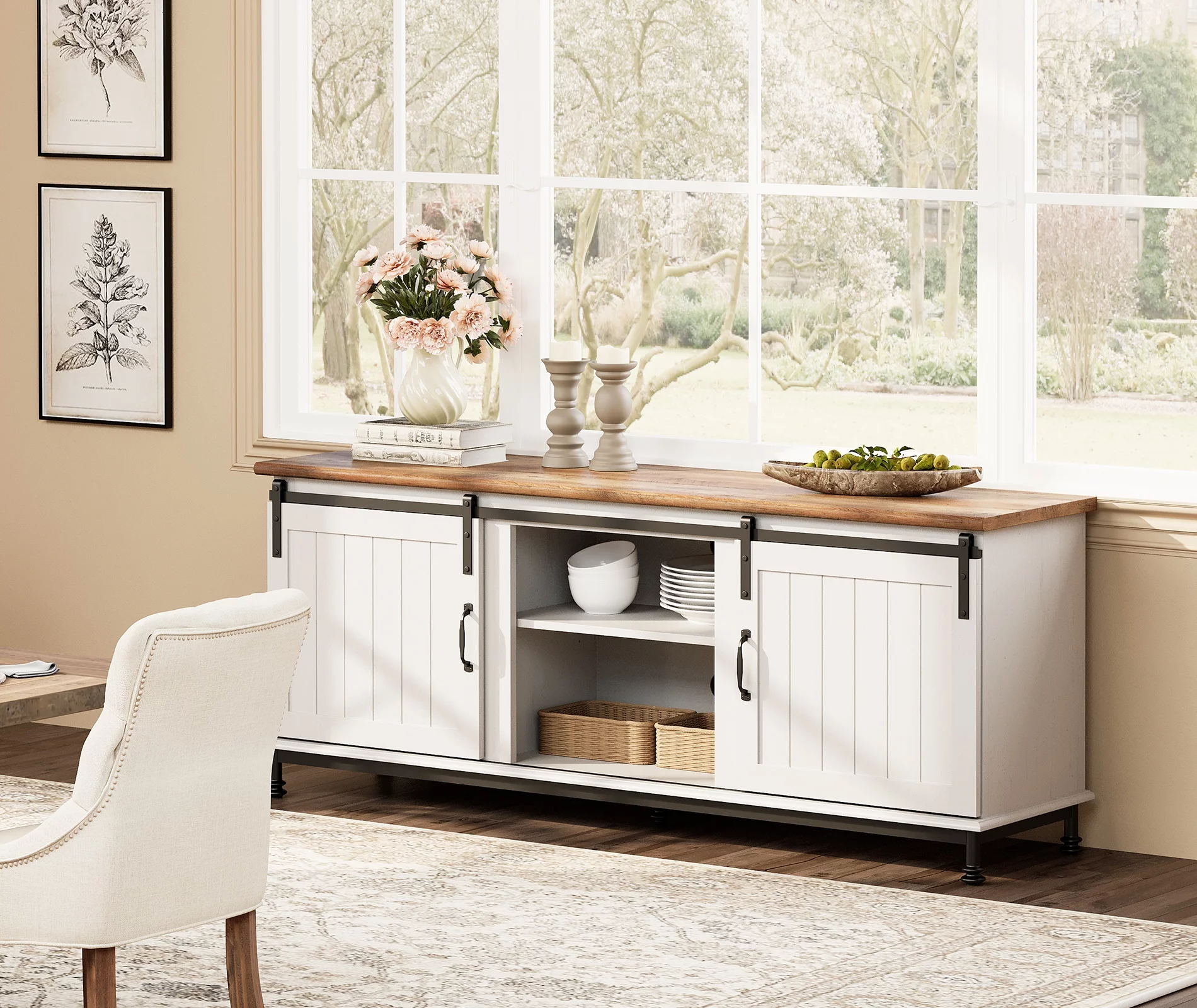 WAMPAT 3 Pieces Living Room Table Sets,1 Farmhouse TV Stand, 1 Coffee Table with Drawer,1 End Table with Charging Station, White/Oak