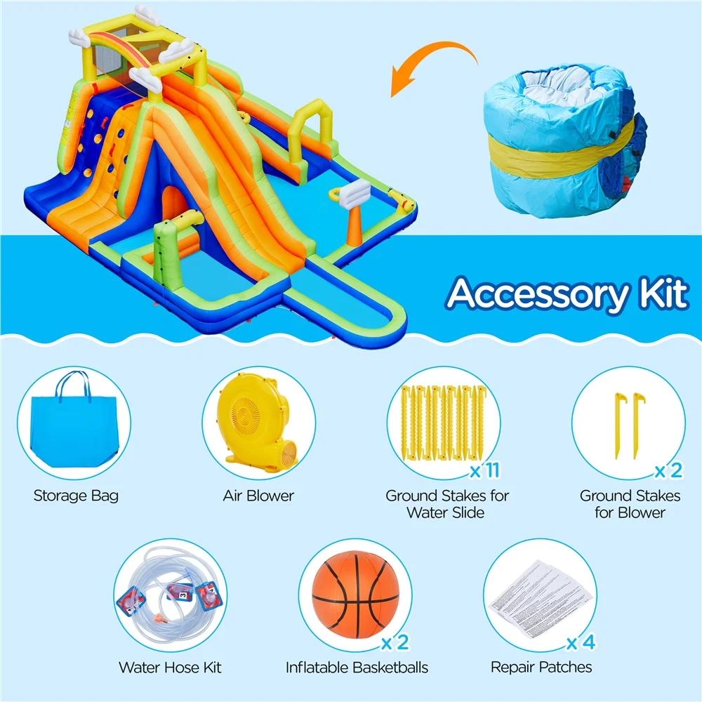 Alden Design Double Lane Inflatable Water Slide for Kids Aged 3 To 10 W/ Storage Bag & 650W Blower, Blue/Orange