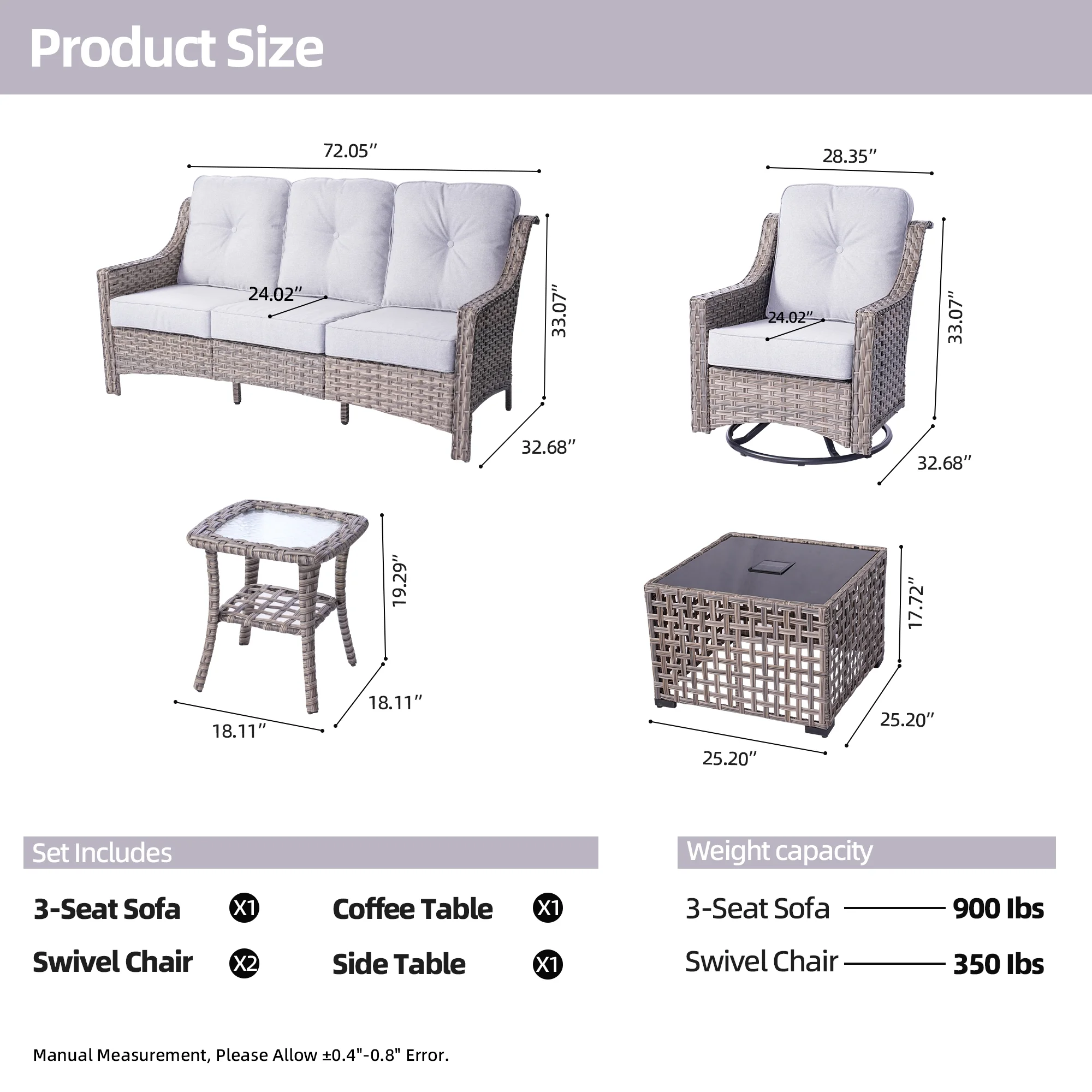 Vcatnet 5 Pieces Outdoor Patio Furniture All Weather Wicker High-Back Conversation Set with Rocking Swivel Chairs and Solar Lamp Coffee Table,Gray