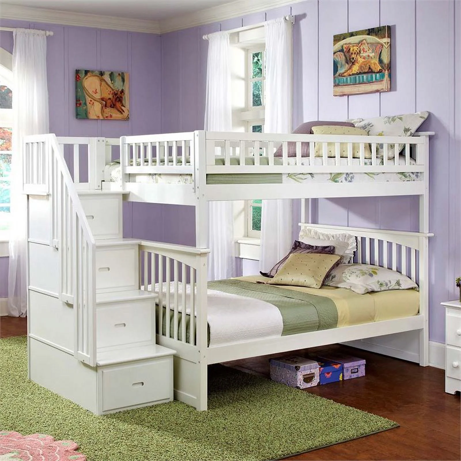 Leo & Lacey Full Over Full Staircase Bunk Bed in White