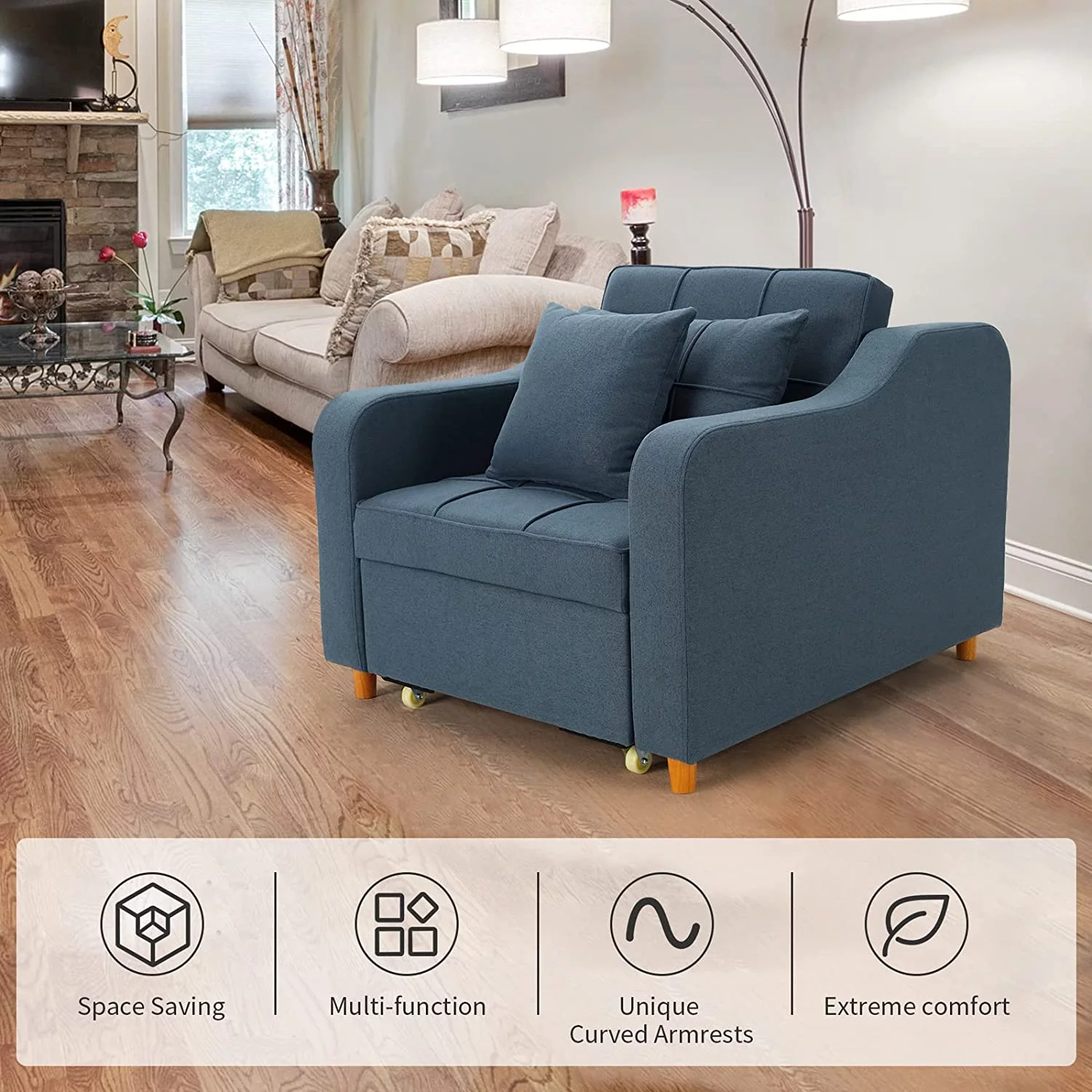 Homrest 3-in-1 Convertible Chair Multi-Functional Sofa Bed Adjustable Recliner(Blue Grey)