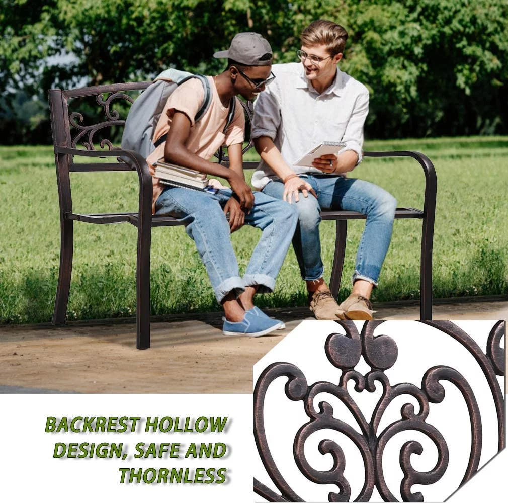 Outdoor Garden Bench Metal, Patio Park Bench with Armrests for Yard Steel & Cast Iron Chair Steel Frame Furniture for Deck Lawn Courtyard