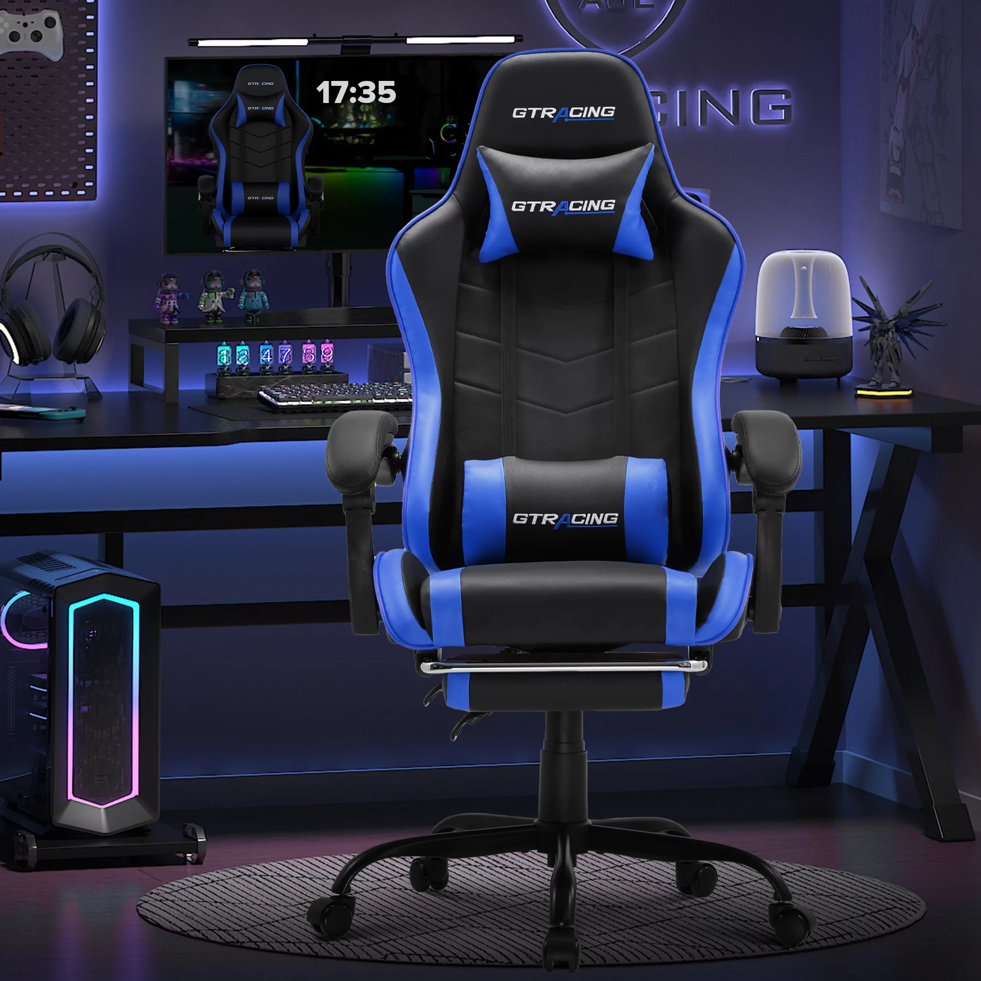 GTRACING GTWD-200 Gaming Chair with Footrest, Height Adjustable Office Swivel Recliner, Blue