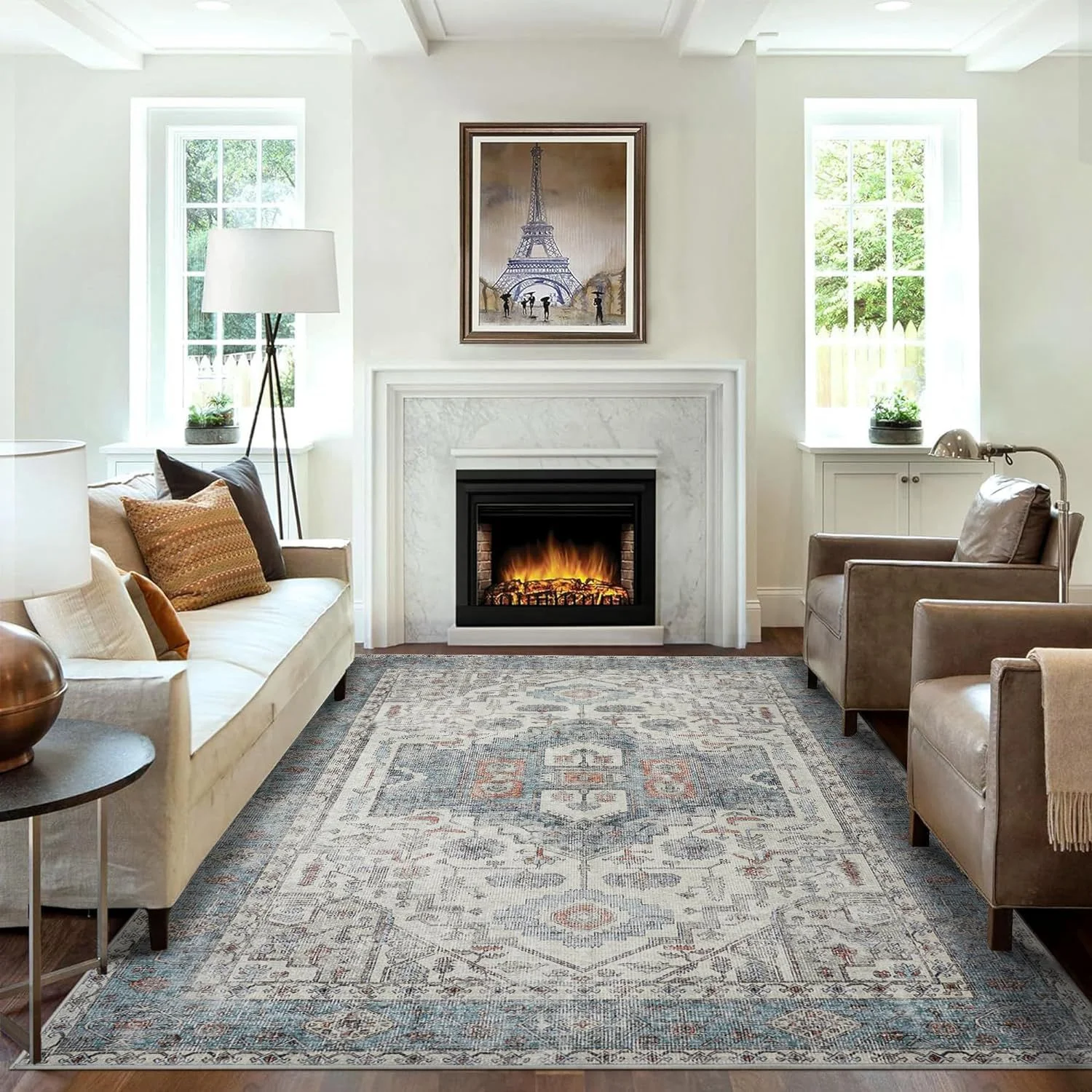 KUETH Tribal Machine Washable Area Rug 8x10, Vintage Distressed Print Thin Chenille Bedroom Living Room Accent Rug, Low Pile Lightweight Non Slip with Gripper