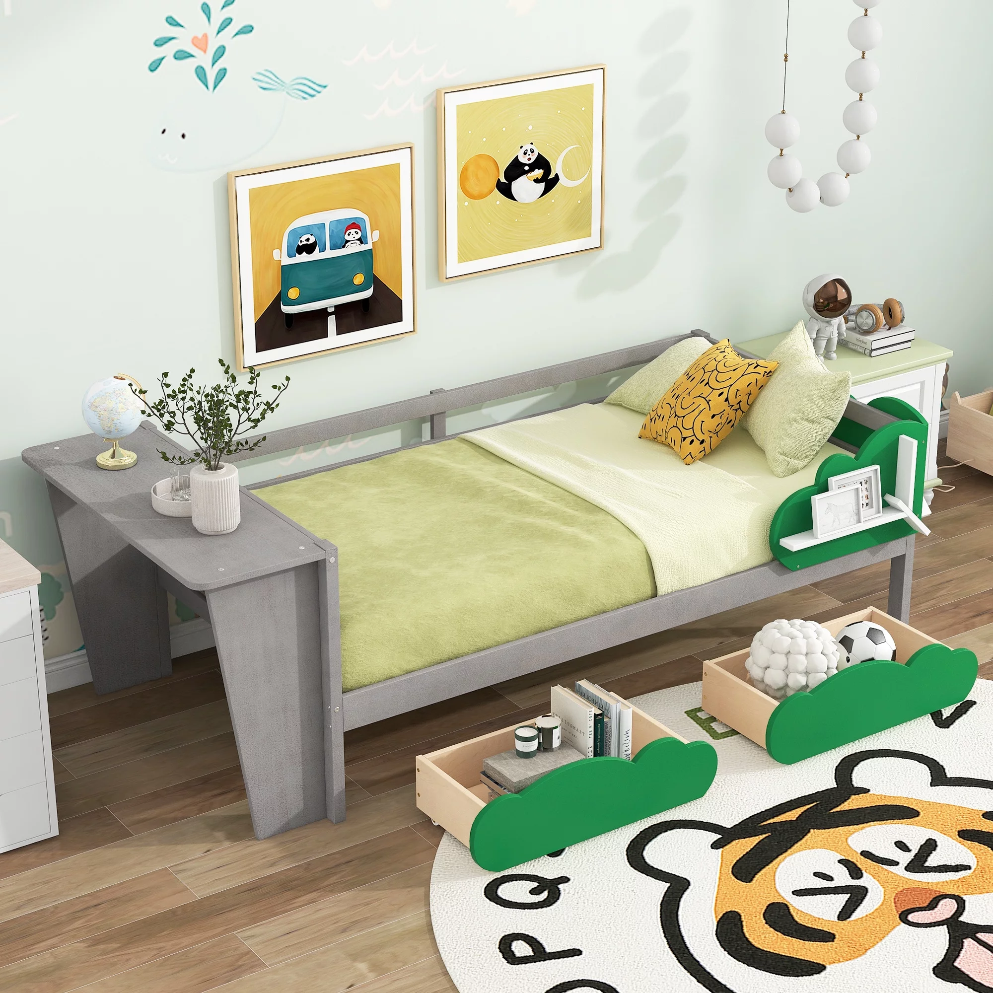 Churanty Twin Size Daybed with Storage Drawers and Desk,Wood Twin Bed Frame with Green Leaf Shape Shelves for Kids Bedroom,Gray