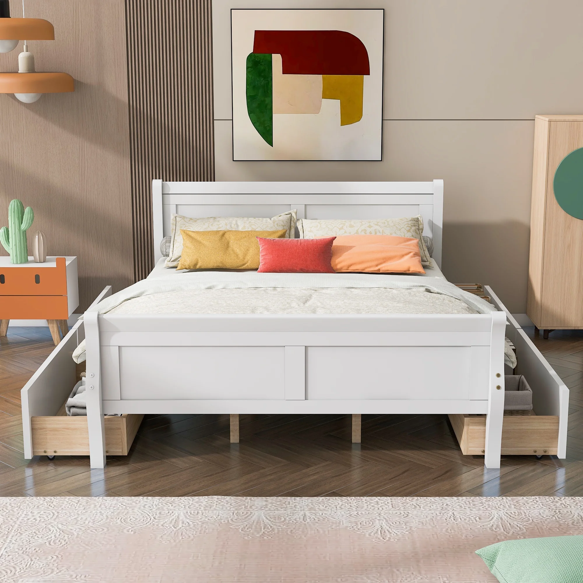 CoSoTower Queen Size Wood Platform Bed with 4 Drawers and Streamlined Headboard & Footboard, White