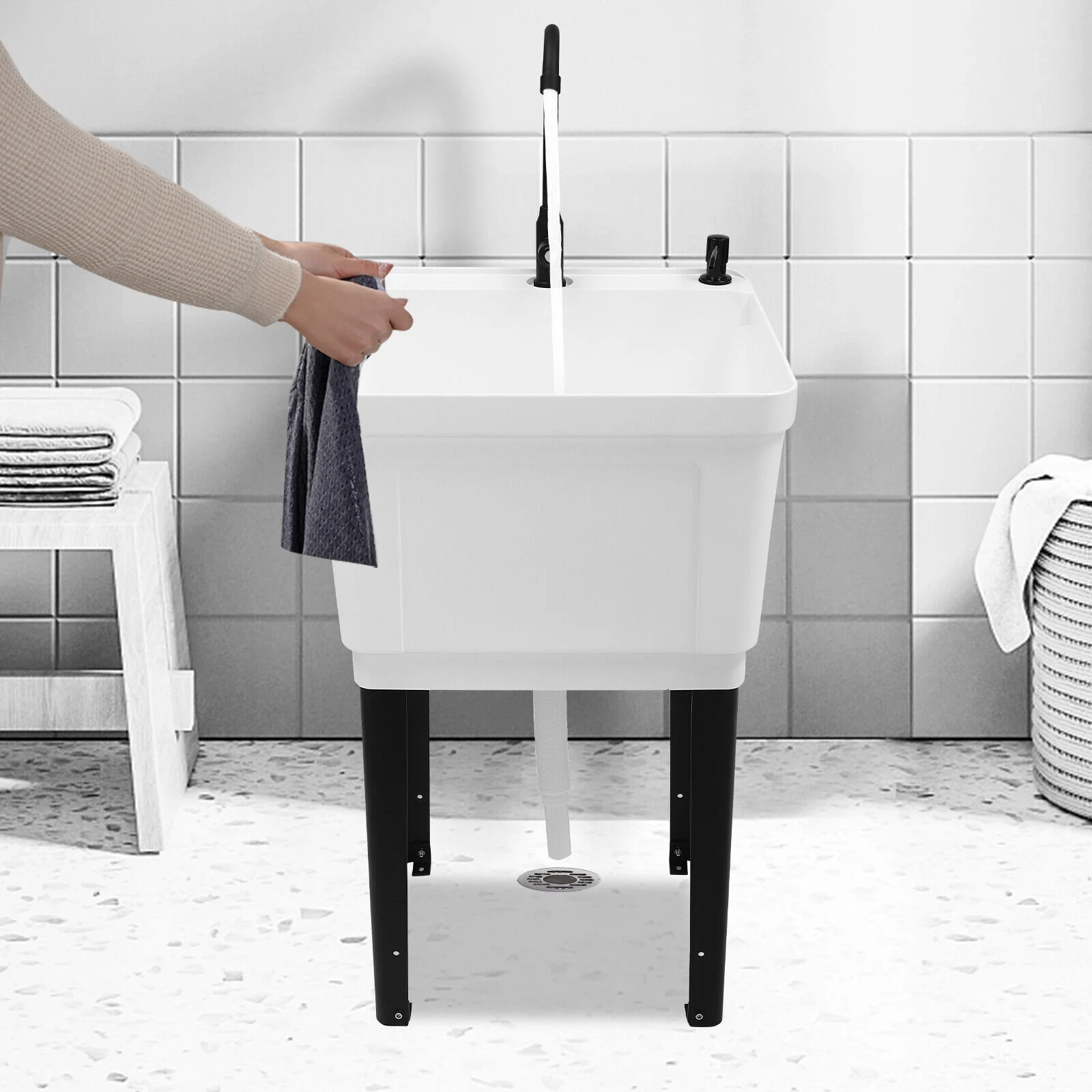 Black/White Laundry Utility Sink Tub Sink Freestanding Wash Station with Faucet White/Black