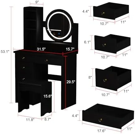 HBBOOMLIFE FUFU&GAGA Vanity Set with Round Mirror  Makeup Vanity Dressing Table with 5 Drawers  Shelves  Dresser Desk and Cushioned Stool Set (Black/Lighted Mirror)