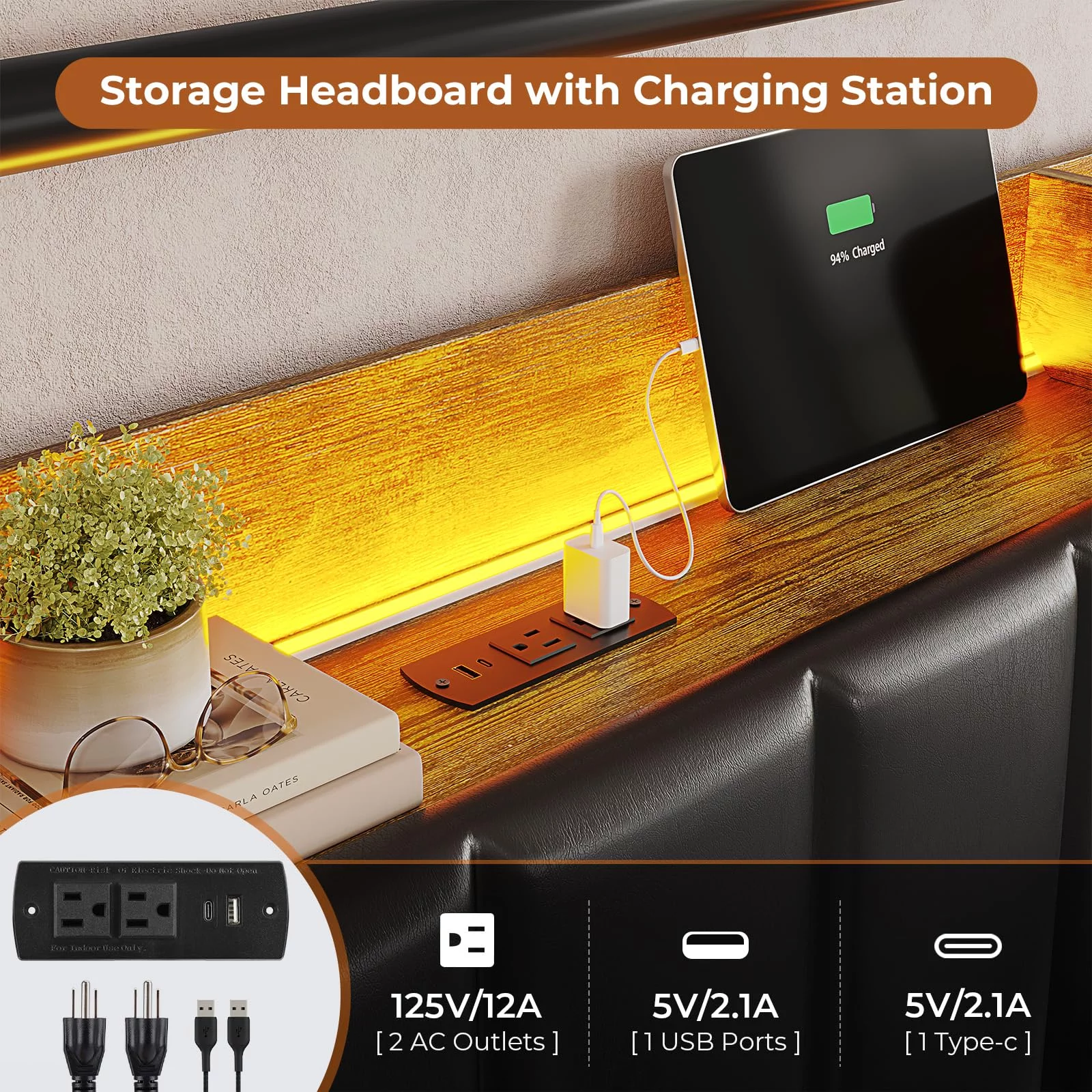 Queen Size Bed Frame with Storage Headboard & Hidden Storage Metal Platform LED Bed Frame with 4 Drawers & Charging Station,Upholstered Headboard,Noise-Free,Black