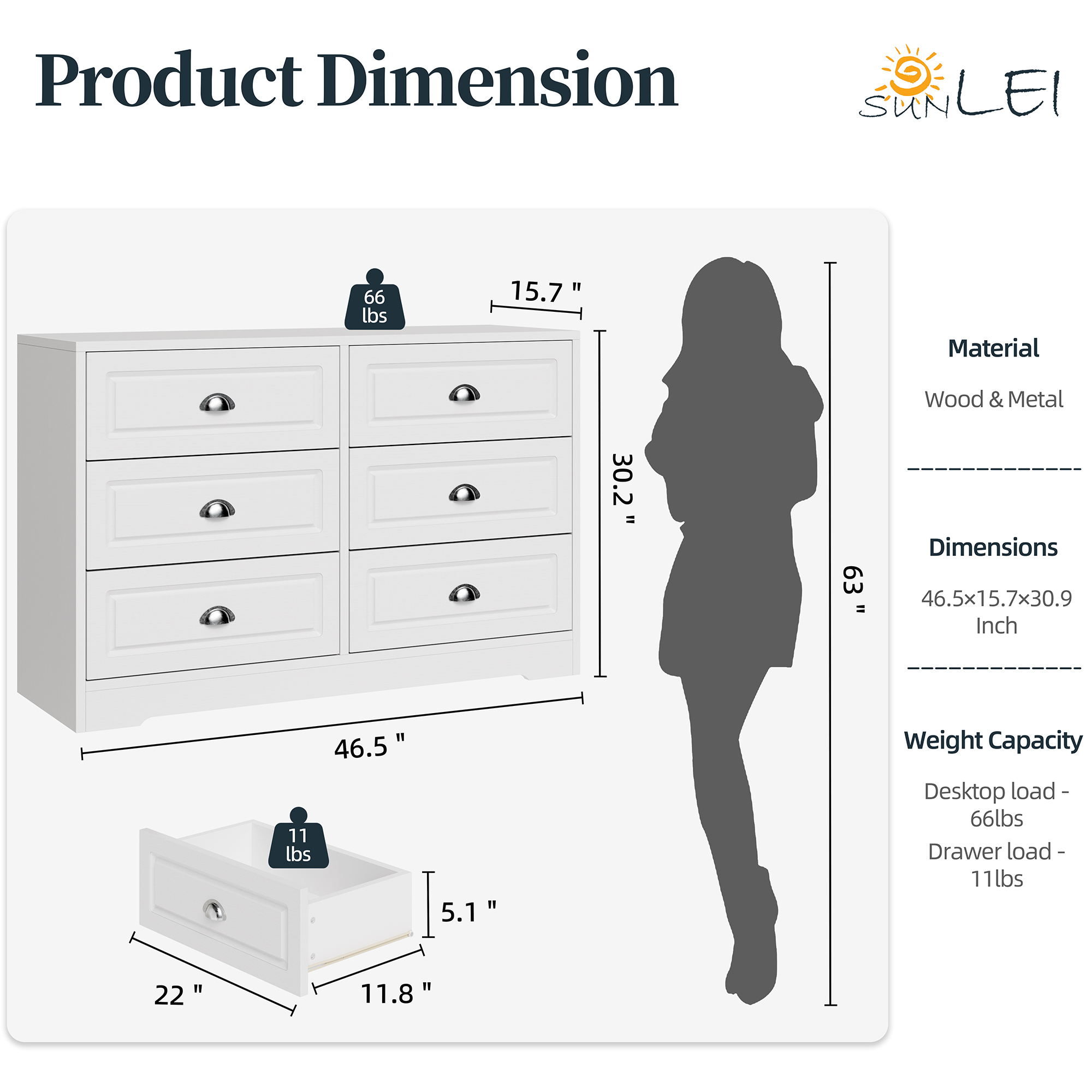 Walsunny 6 Drawer Double Dresser White Wooden Wide Chest of Drawers with Metal Handles Storage Organizer Dresser Nursery Dresser for Living Room Hallway