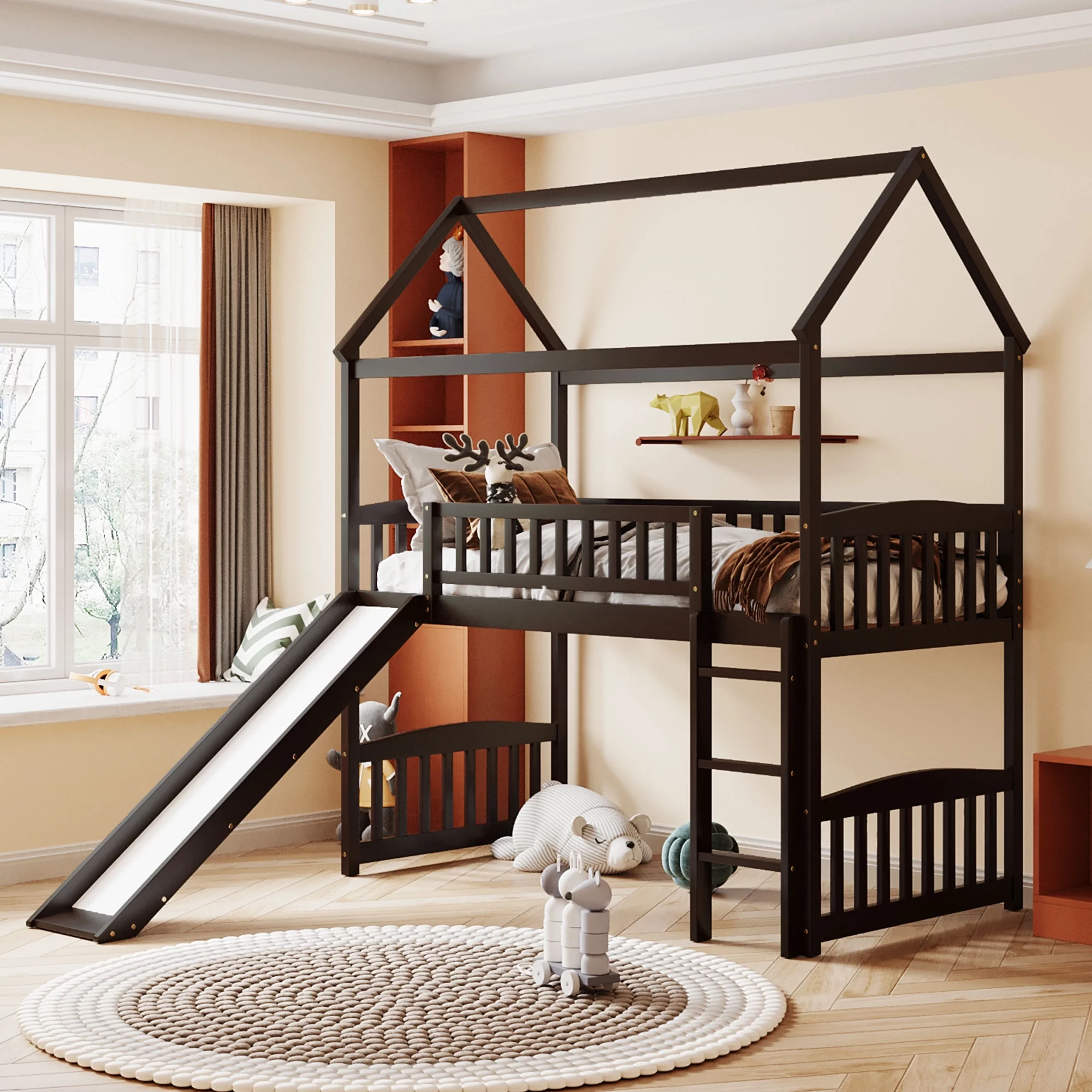 CoSoTower Twin Loft Bed with Slide, House Bed with Slide, Espresso