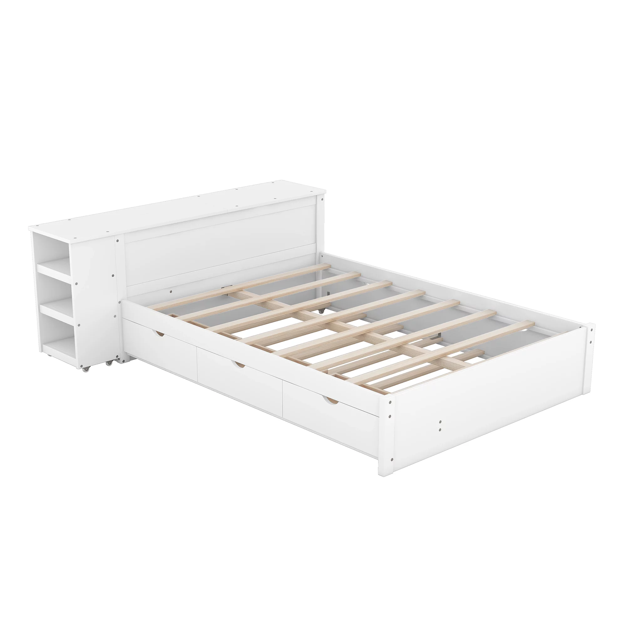 Churanty Full Size Platform Bed Frame with Rolling Desk and Storage Headboard Modern Wood Bed Frame with Trundle and Drawers,White
